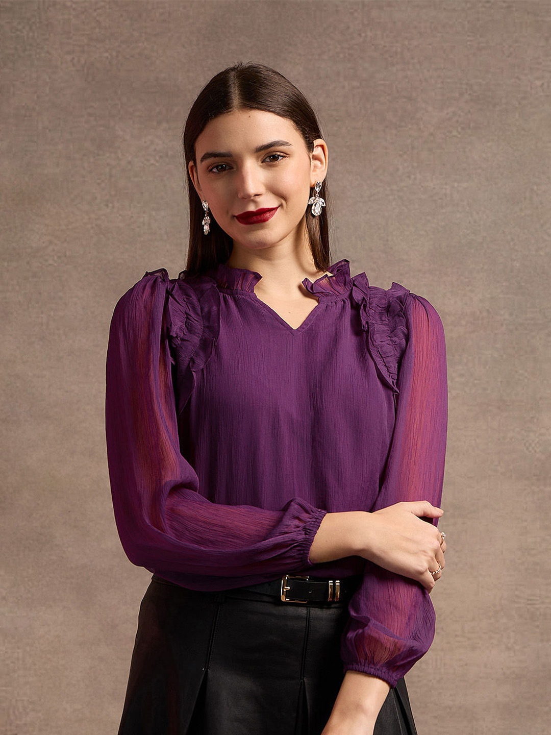 U.S. Polo Assn. Women Puffed Sleeves Ruffled Top, Purple