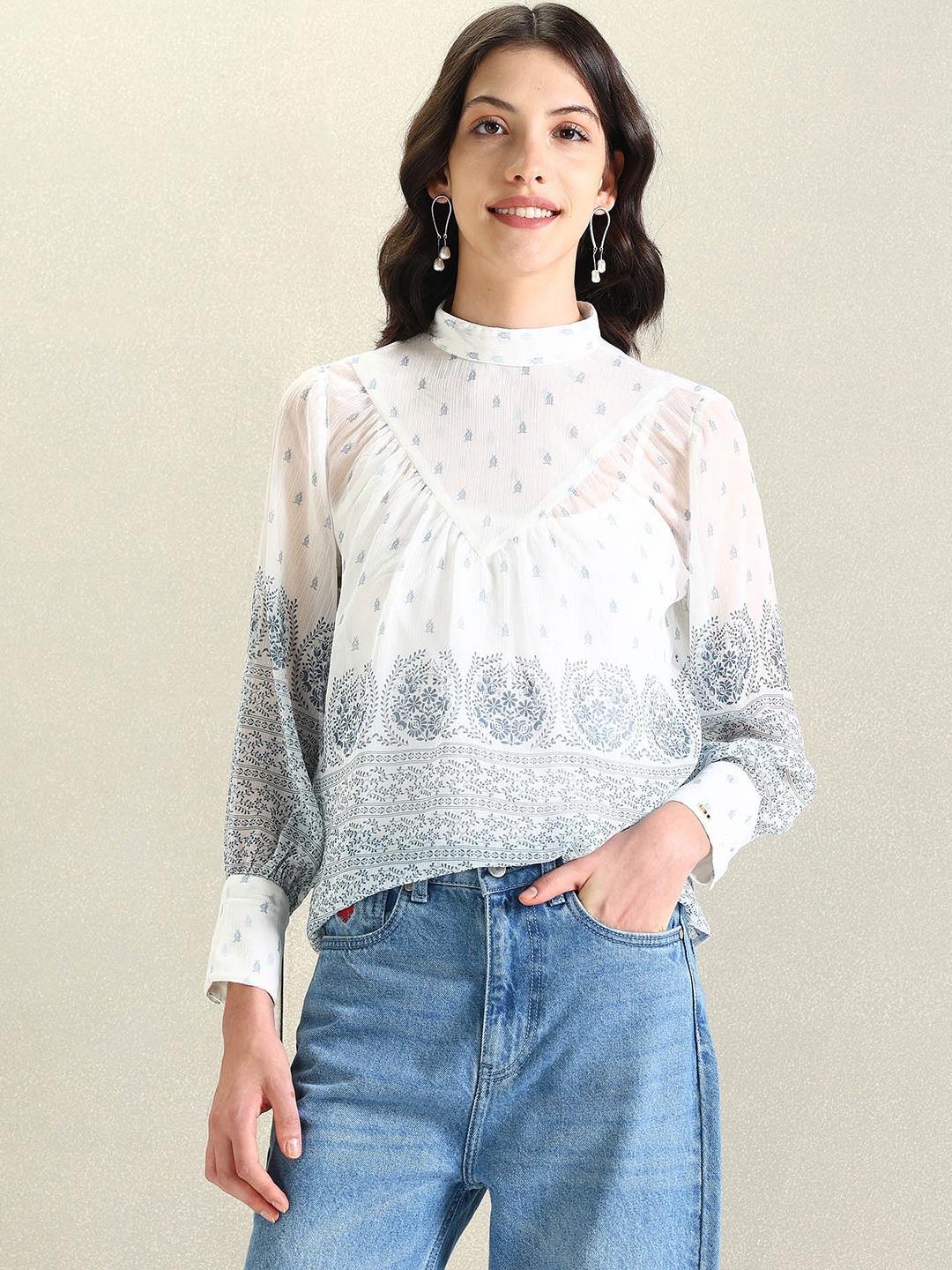 

U.S. Polo Assn. Women Floral Printed High Neck Cuffed Sleeve Gathered Semi Sheer Top, White