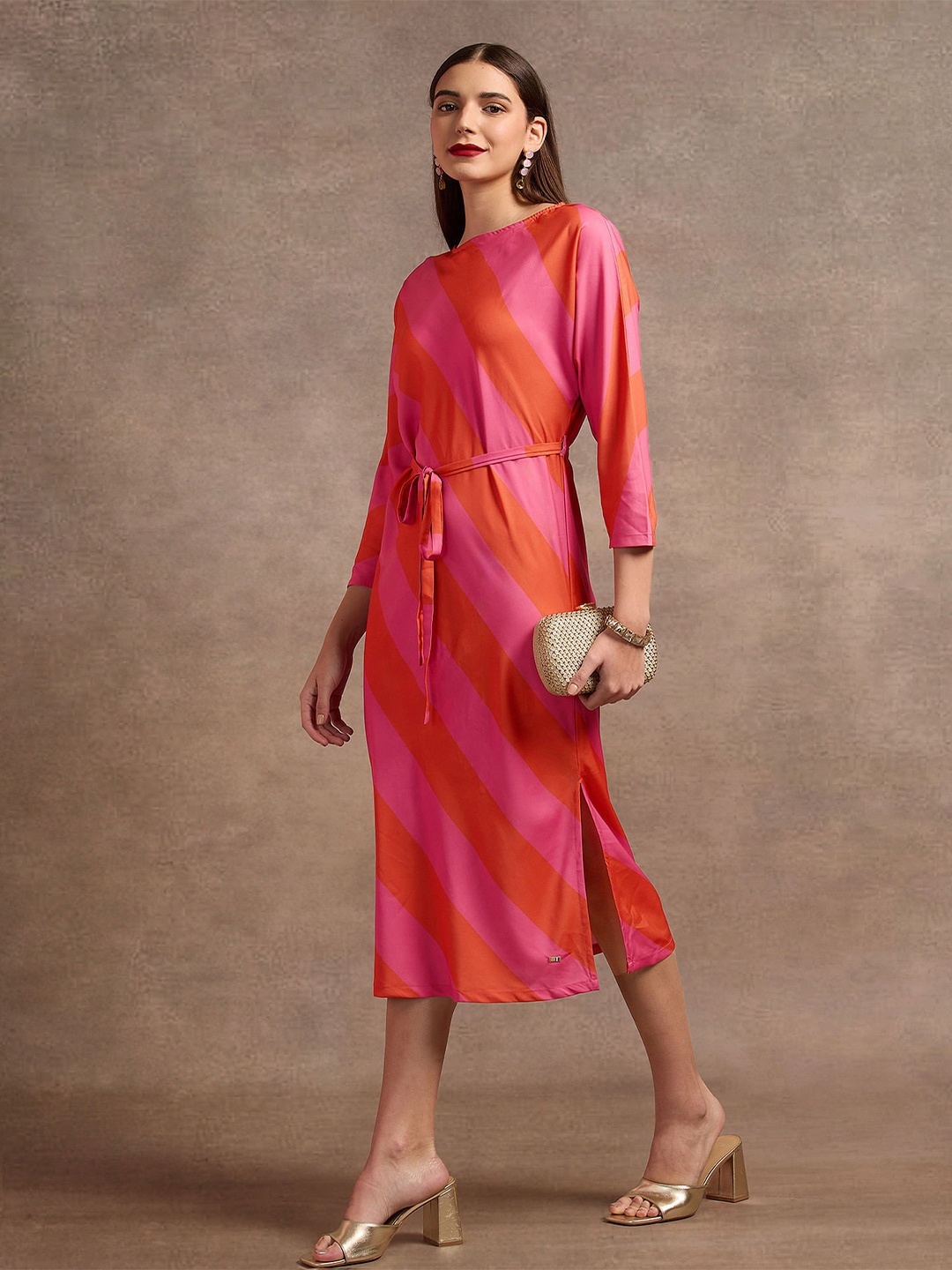 U.S. Polo Assn. Women Striped Tie-Ups Cotton Midi A-Line Dress, Pink