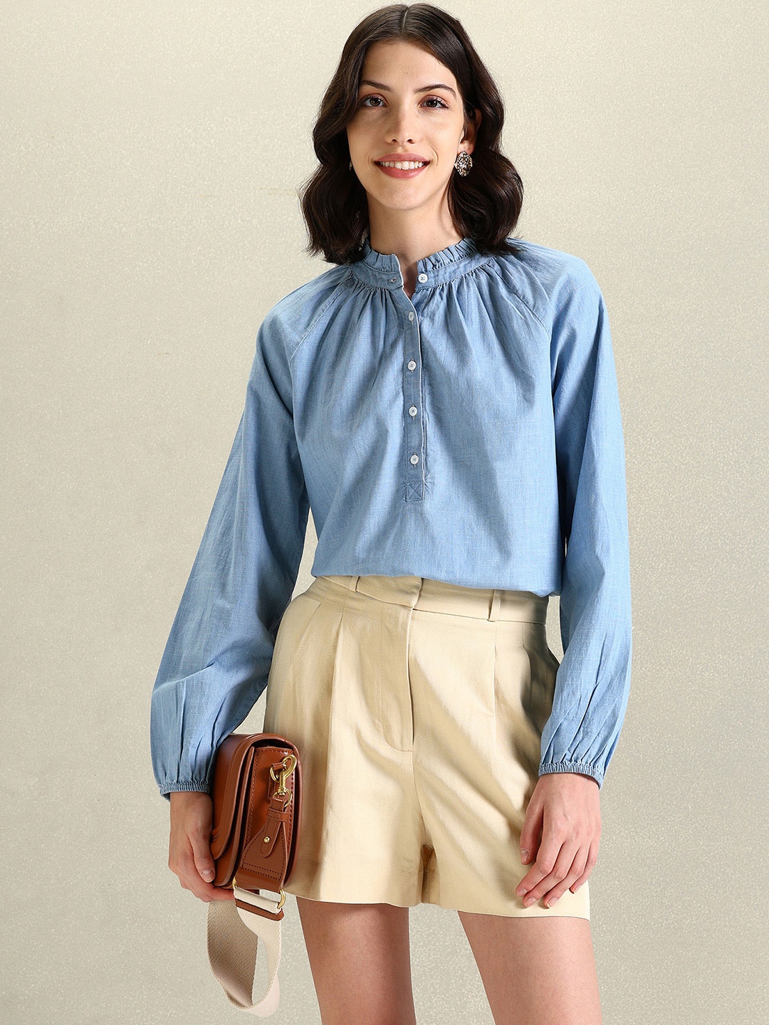 

U.S. Polo Assn. Women Mandarin Collar Long Sleeves Regular Fit Casual Shirt, Blue