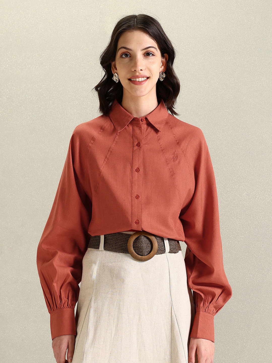 

U.S. Polo Assn. Women Spread Collar Long Sleeves Relaxed Fit Casual Shirt, Orange
