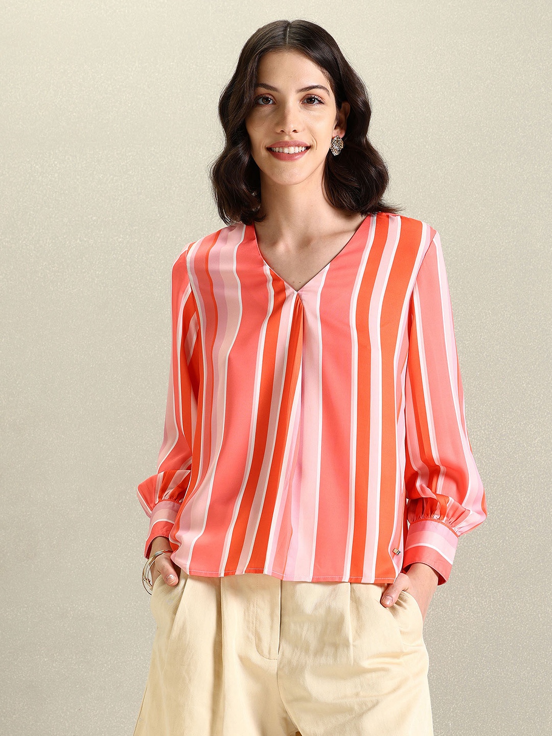 

U.S. Polo Assn. Women Striped Cuffed Sleeves Crepe Top, Pink