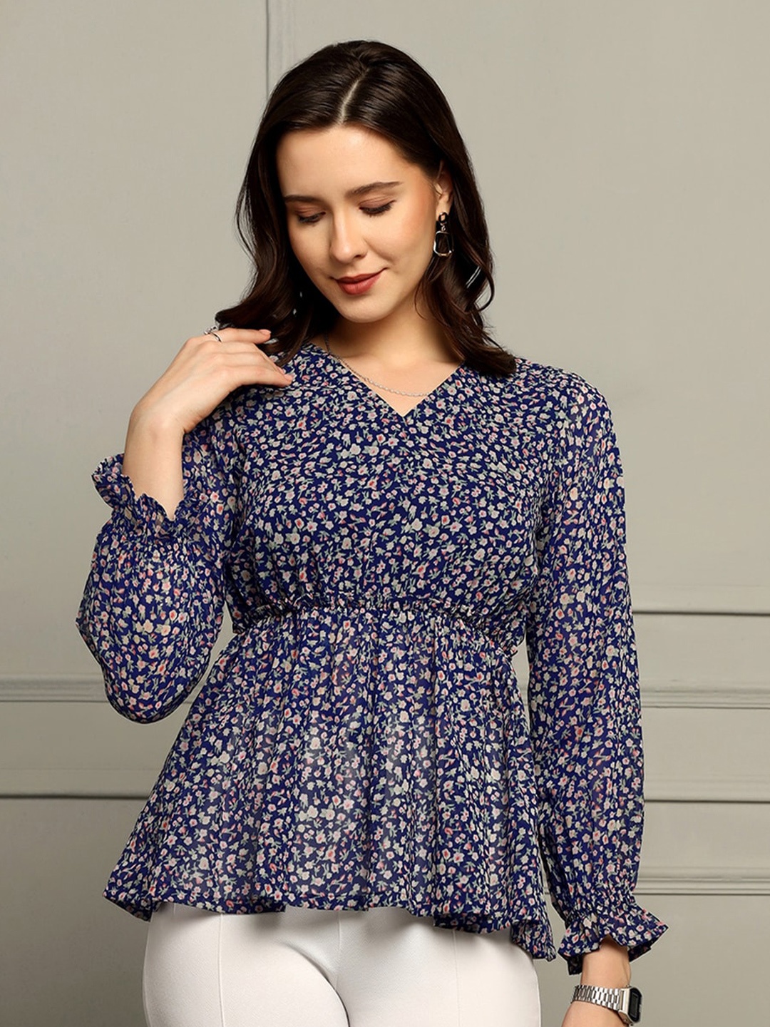 

FASHION DREAM Floral Printed Peplum Top, Blue