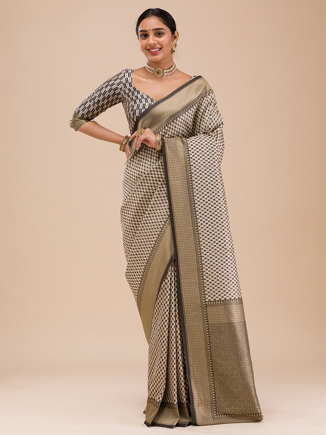 

Koskii Checked Zari Silk Saree, Black