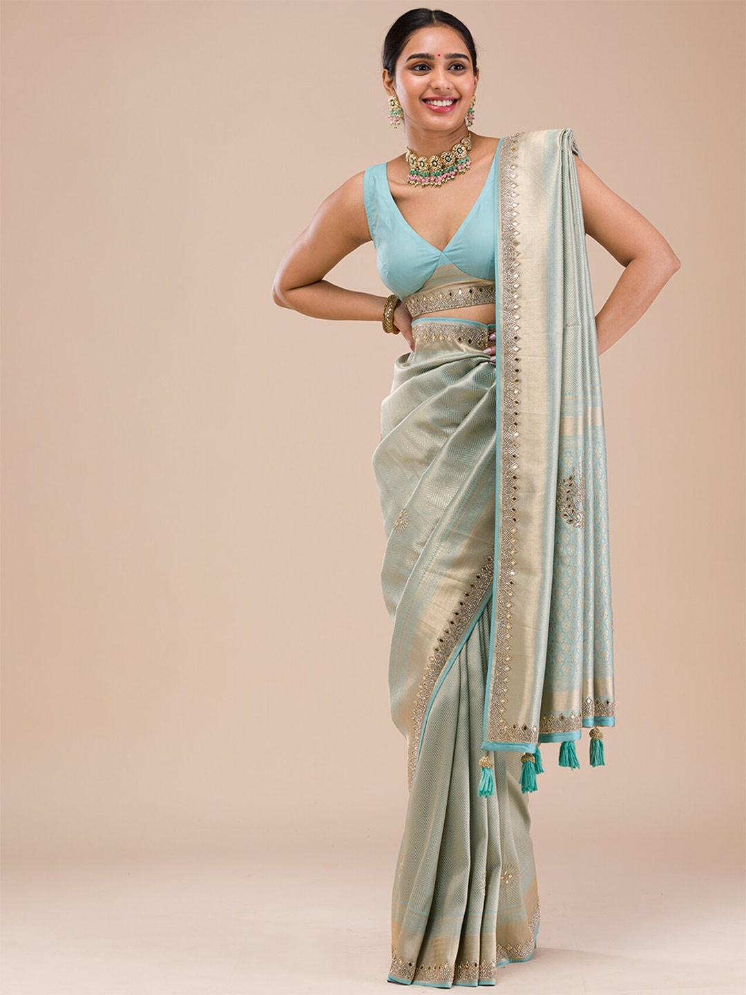 

Koskii Woven Design Zari Mirrorwork Saree, Blue