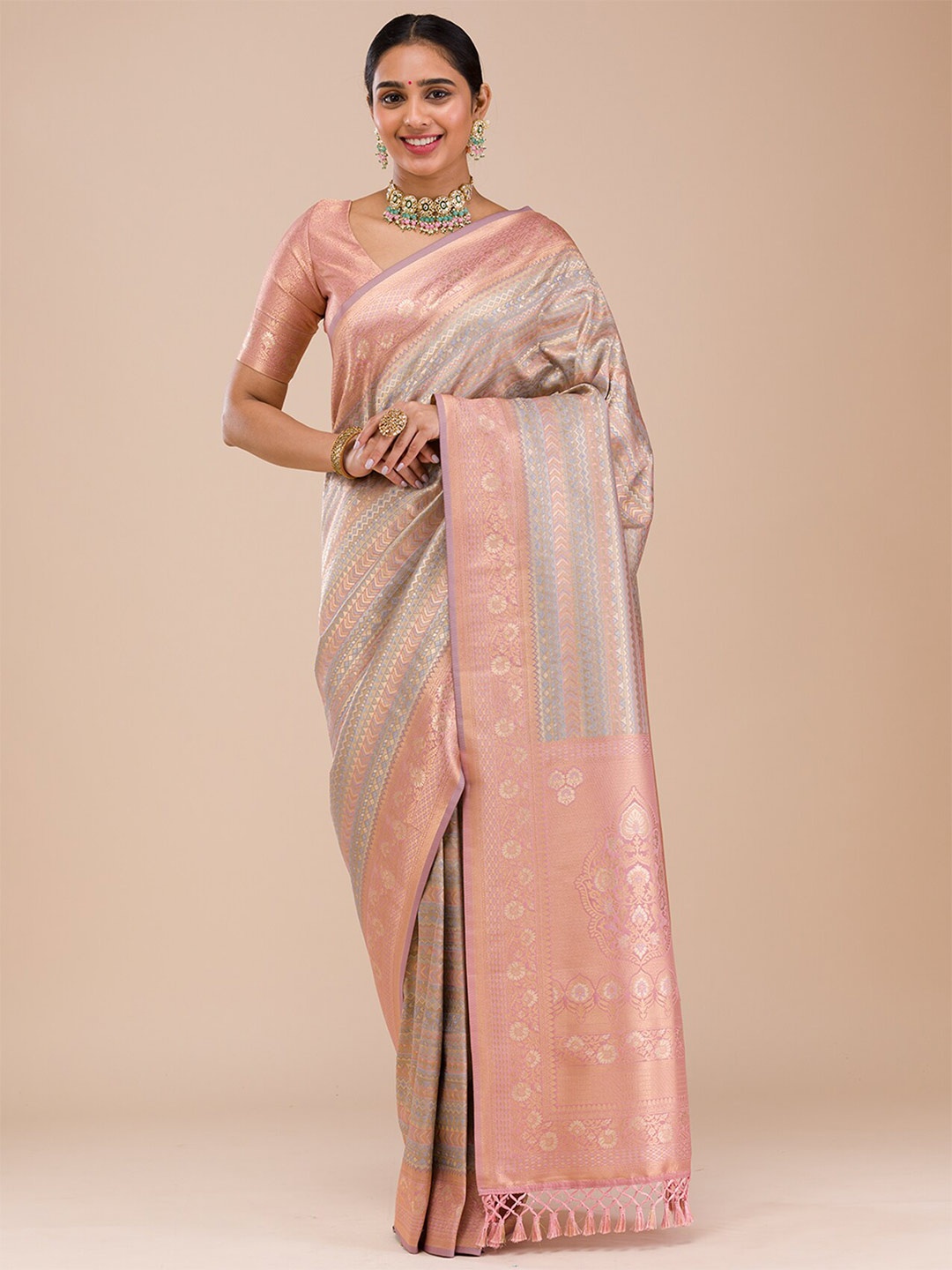 

Koskii Woven Design Zari Silk Saree, Pink