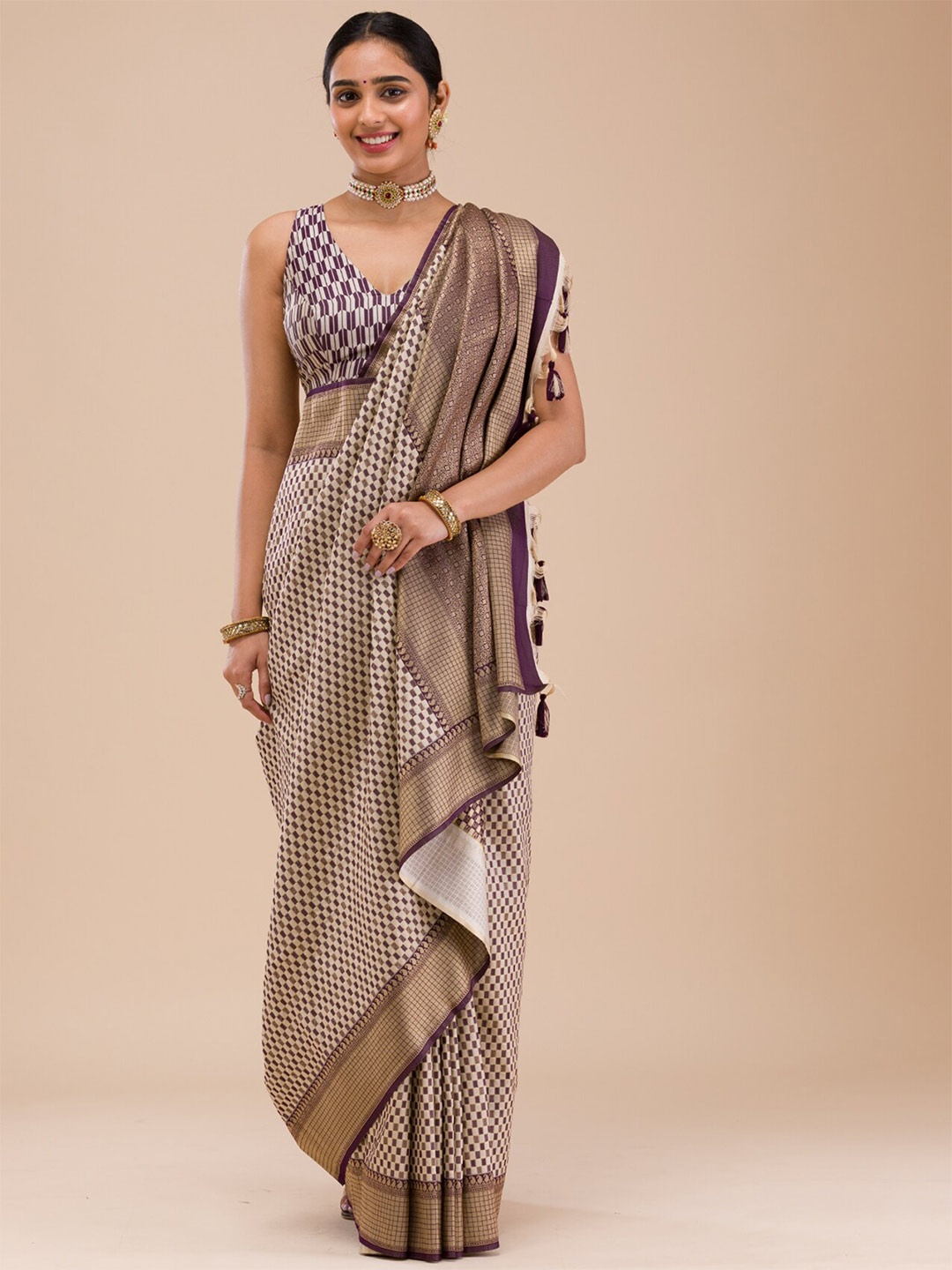 

Koskii Checked Zari Silk Saree, Purple