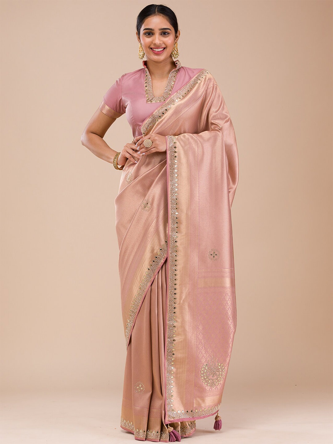 

Koskii Floral Embroidered Mirrorwork Saree, Pink