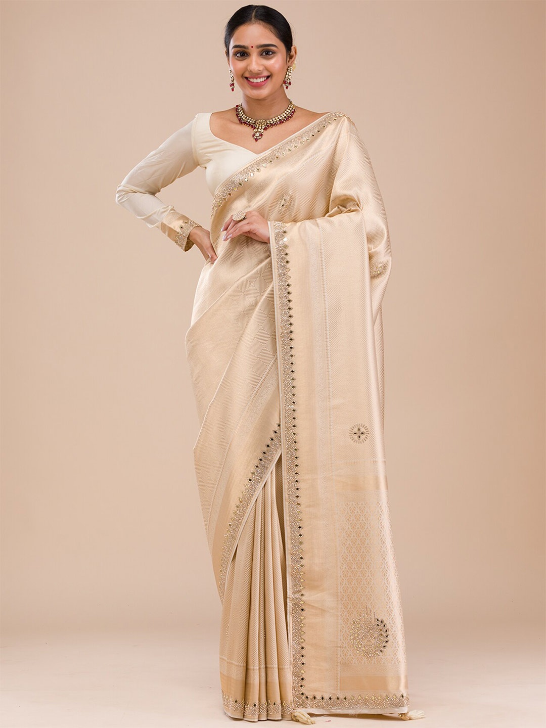 

Koskii Ethnic Motifs Mirror Work Saree, Beige