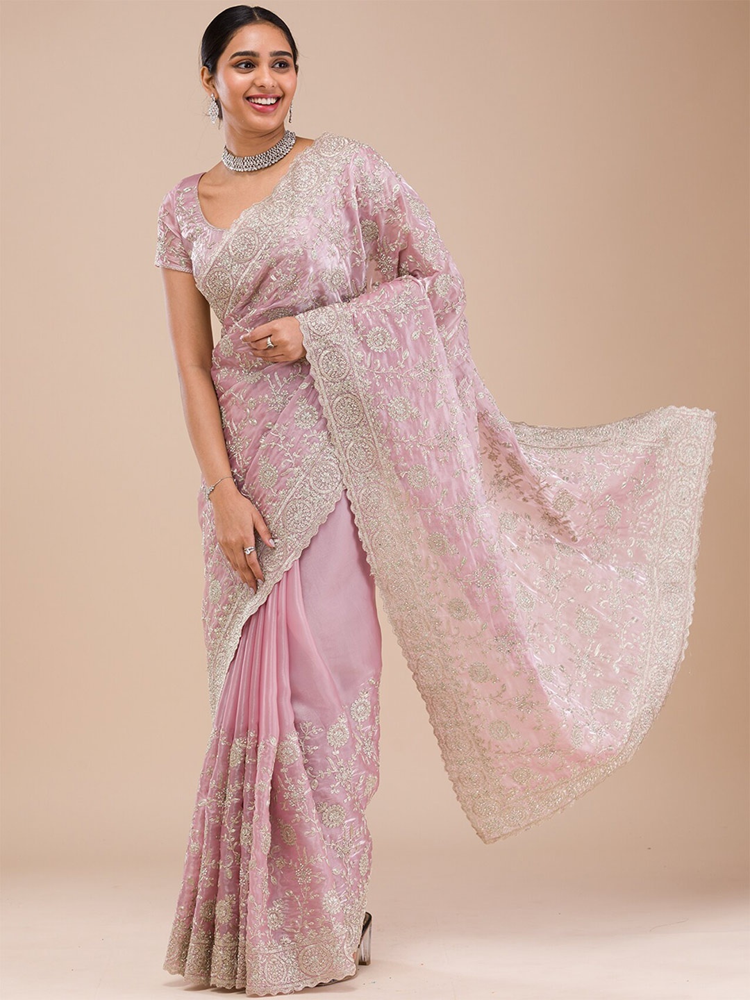 

Koskii Floral Embroidered Organza Saree, Pink