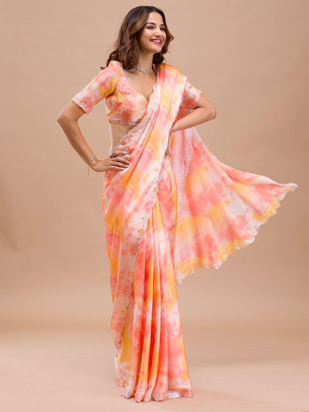 

Koskii Tie and Dye Beads and Stones Saree, Yellow