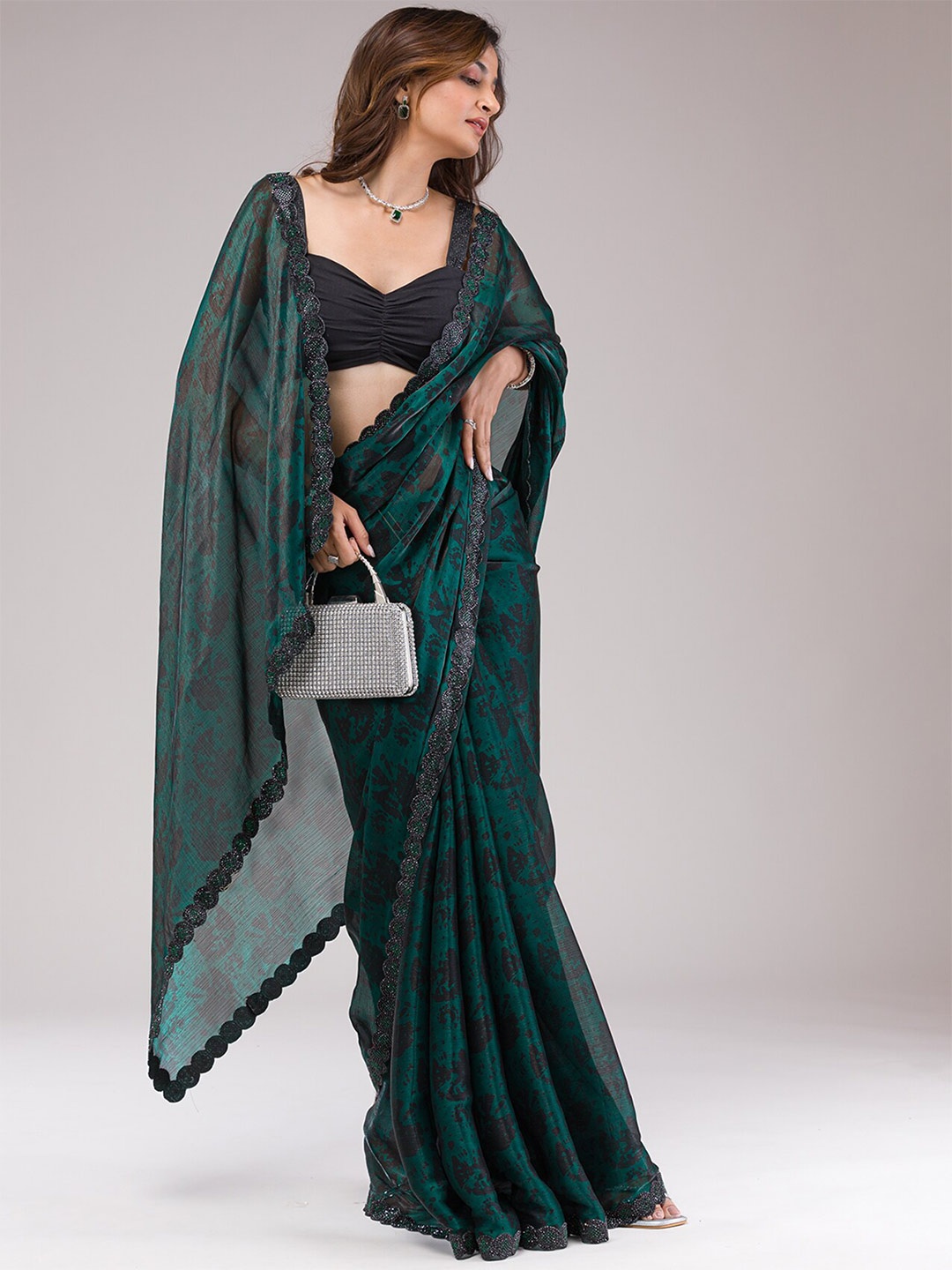 

Koskii Printed Organza Saree, Green