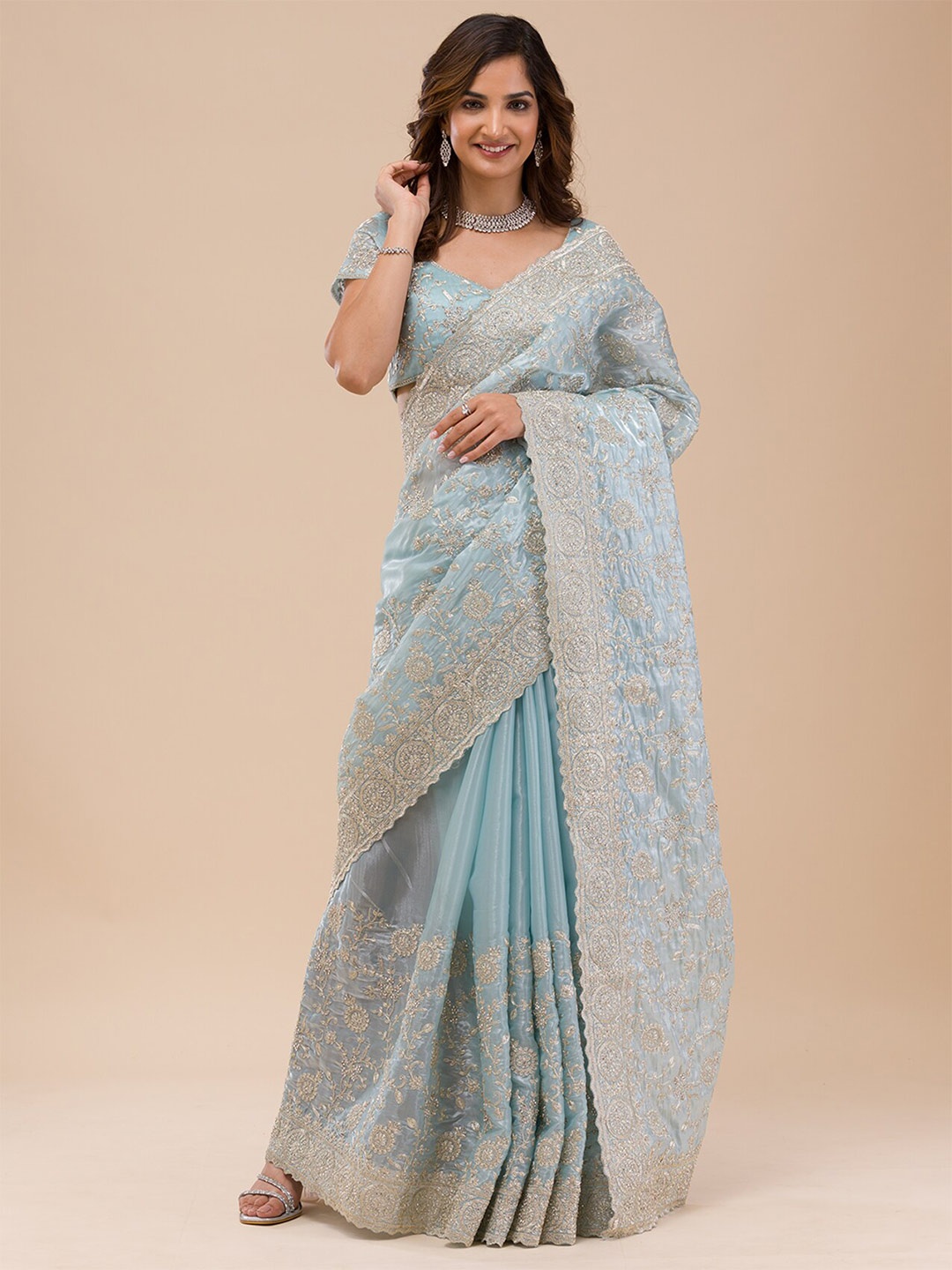 

Koskii Floral Zari Organza Saree, Blue