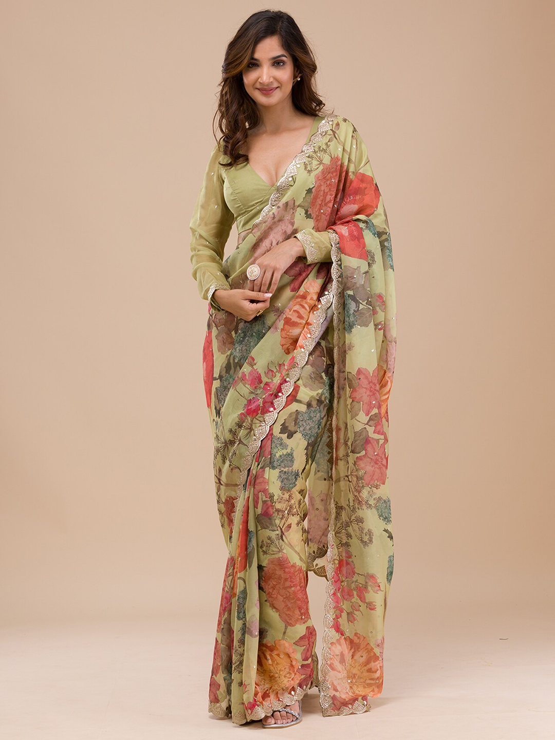 

Koskii Floral Printed Embroidered Organza Saree, Green