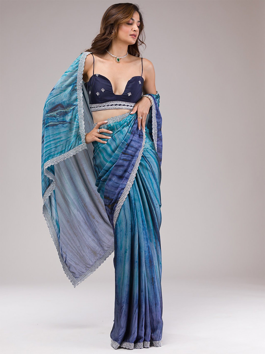 

Koskii Abstract Printed Crepe Saree, Blue