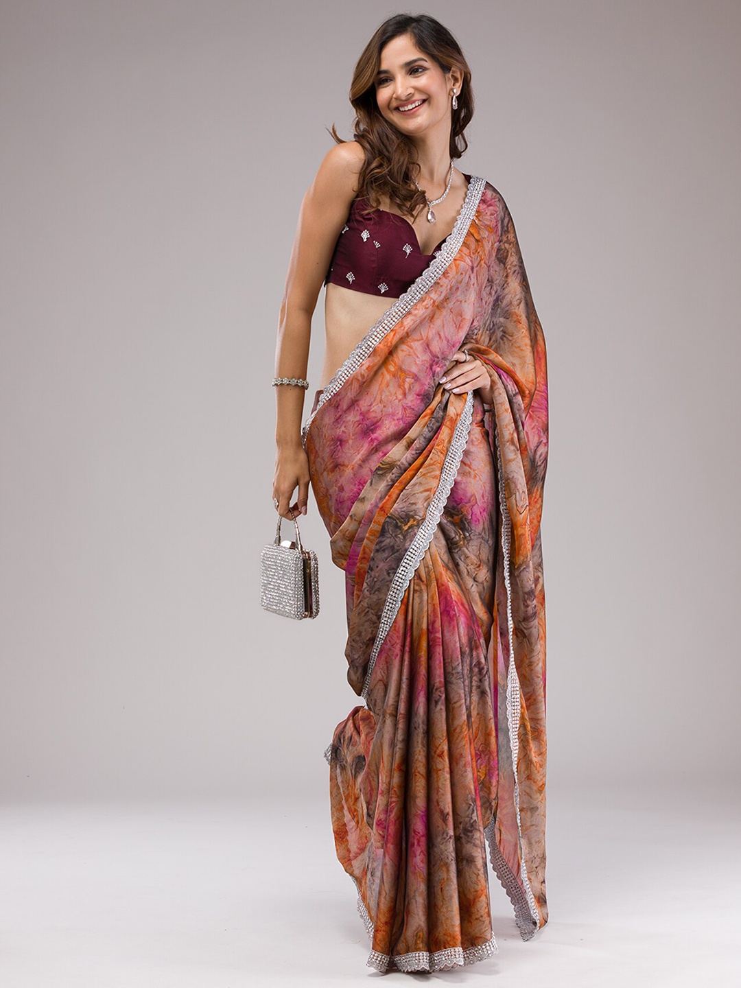 

Koskii Tie and Dye Embroidered Saree, Orange