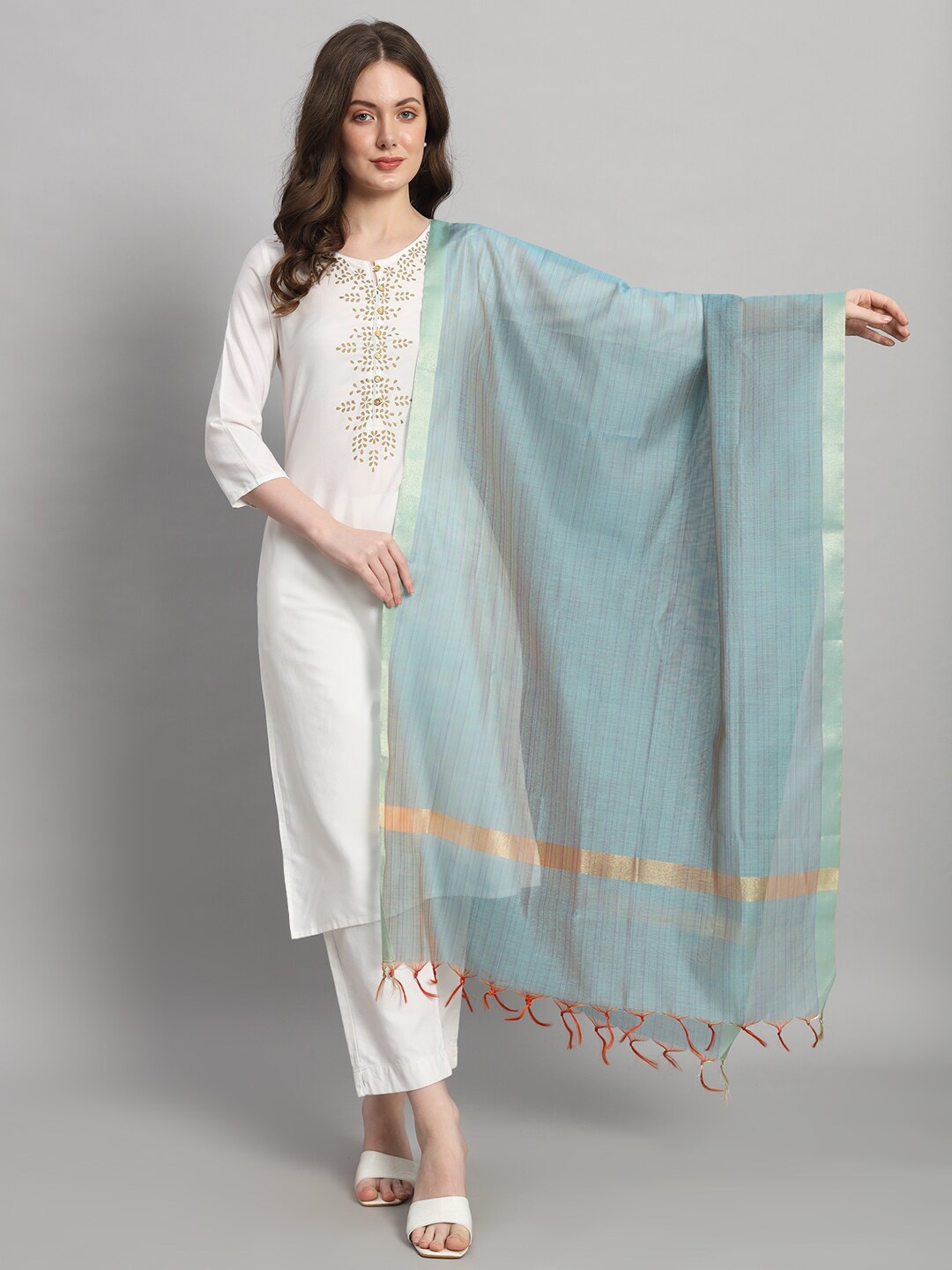 

HANDICRAFT PALACE Striped Chanderi Silk Dupatta, Grey