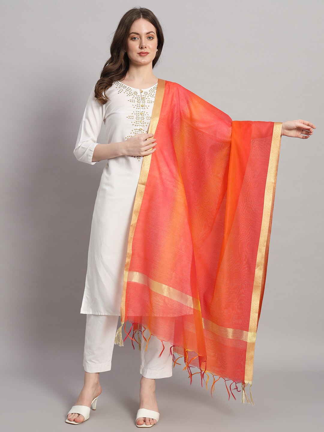 

HANDICRAFT PALACE Striped Chanderi Silk Dupatta, Orange