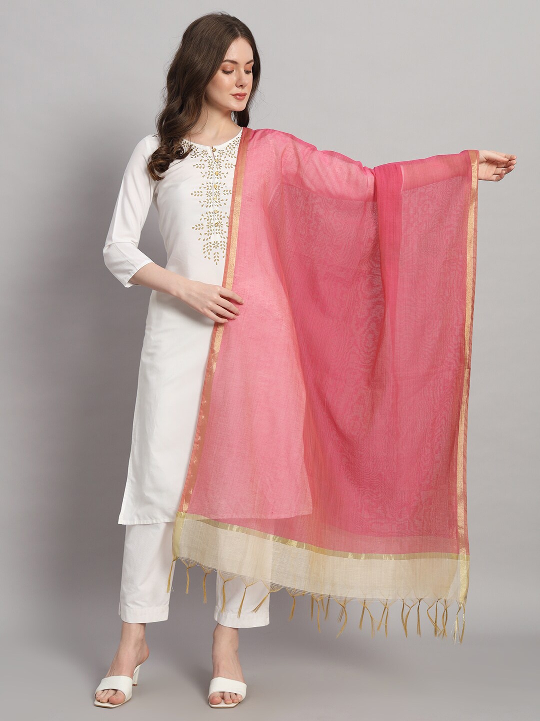 

HANDICRAFT PALACE Striped Chanderi Silk Dupatta, Pink