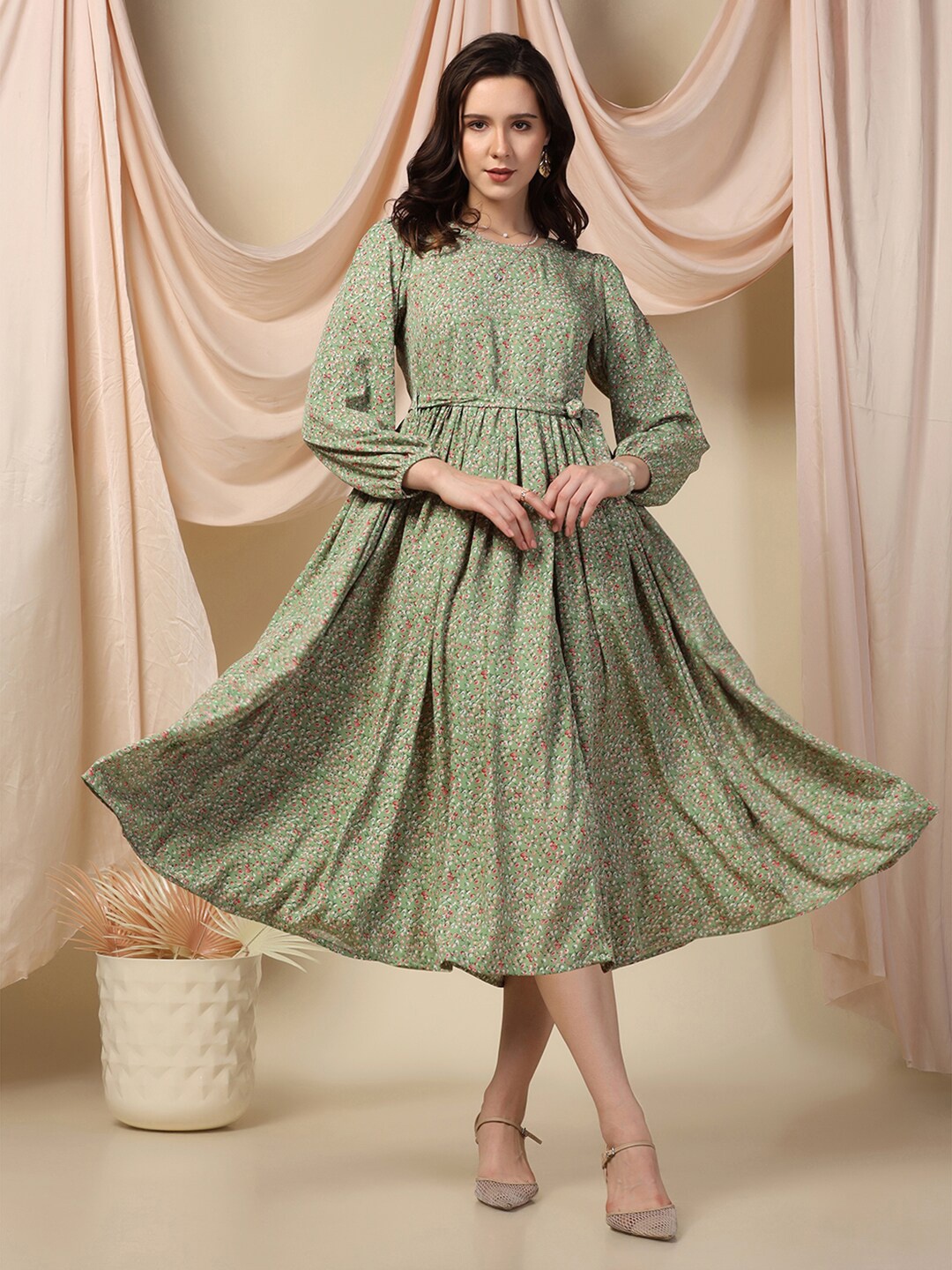 

FASHION DREAM Print Puff Sleeve Empire Midi Dress, Green