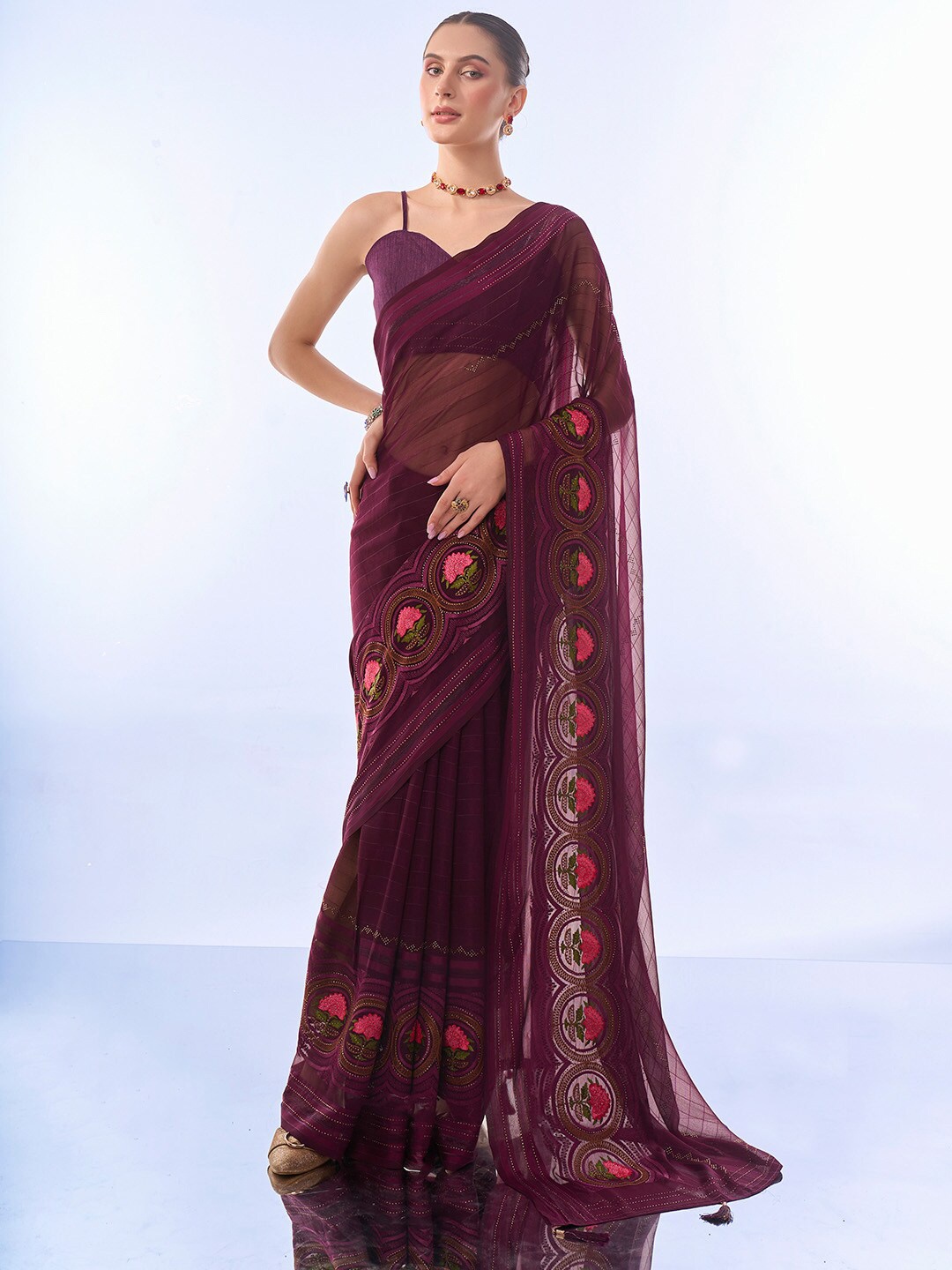 

Ishin Floral Embroidered Chiffon Saree, Burgundy