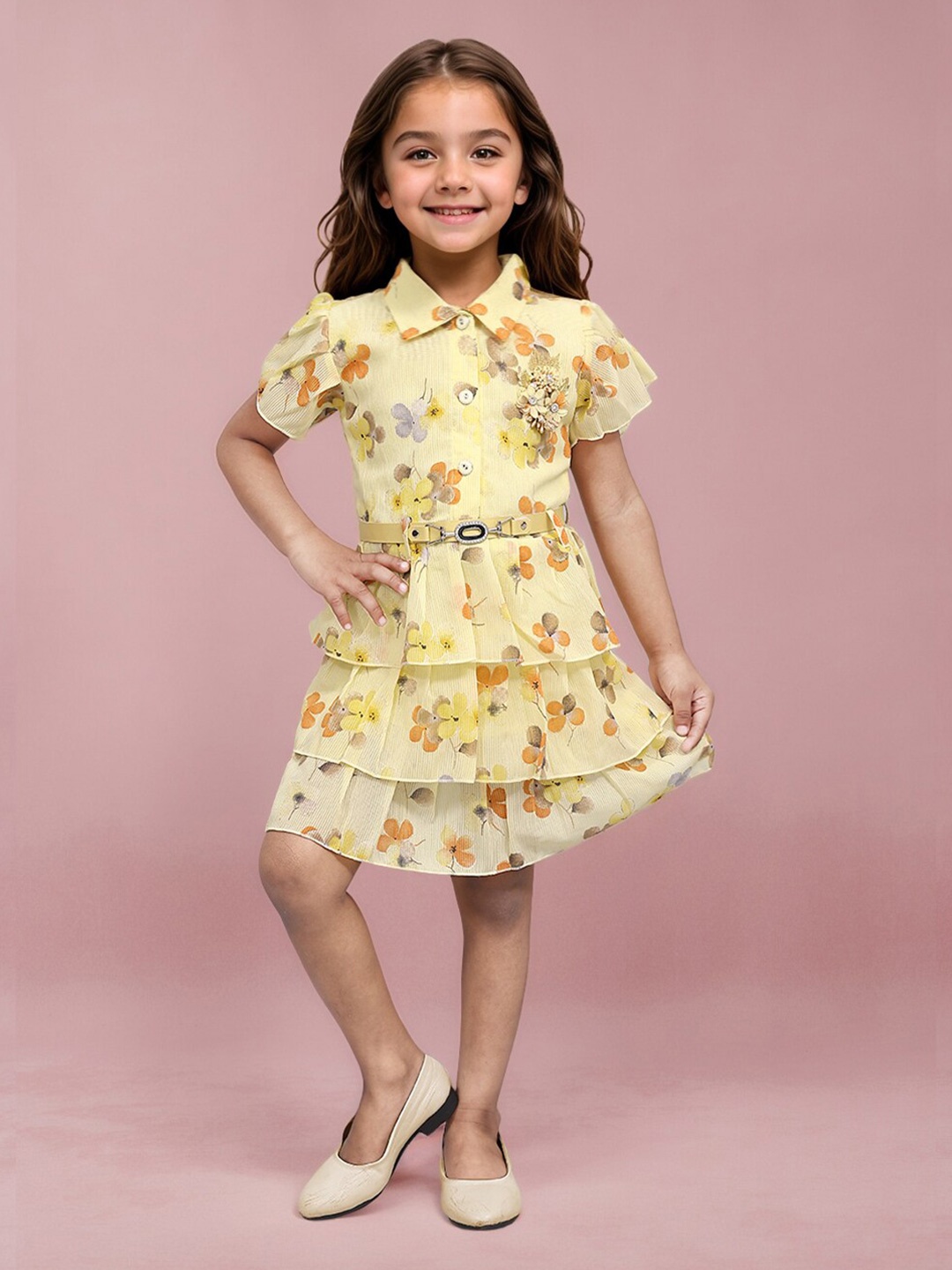 

Toonyport Floral Print Chiffon Shirt Dress, Yellow