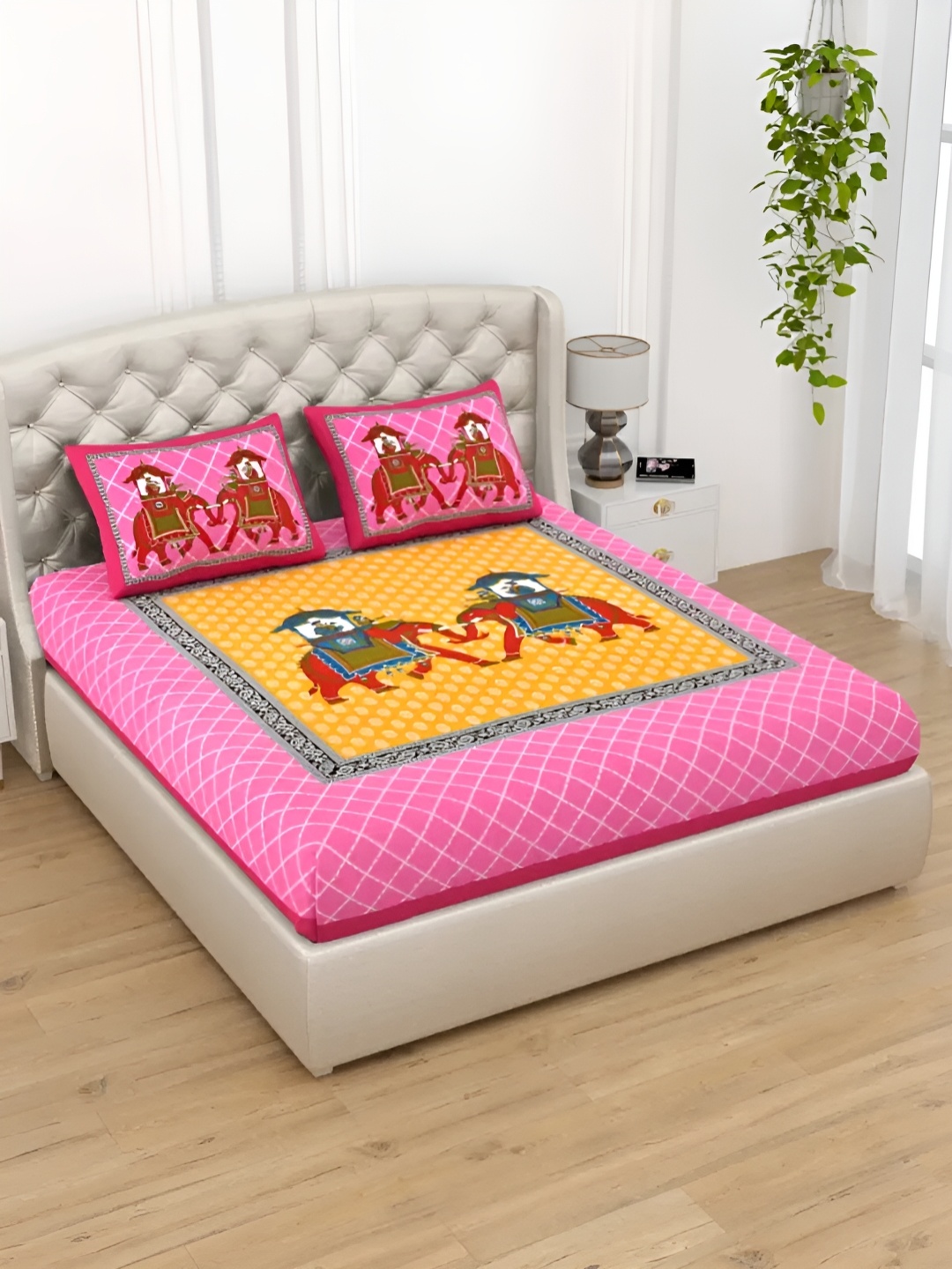 

LIVING ROOTS Double Queen Size Jaipur Block Print Cotton Double Bedsheet & 2 Pillow Covers, Pink