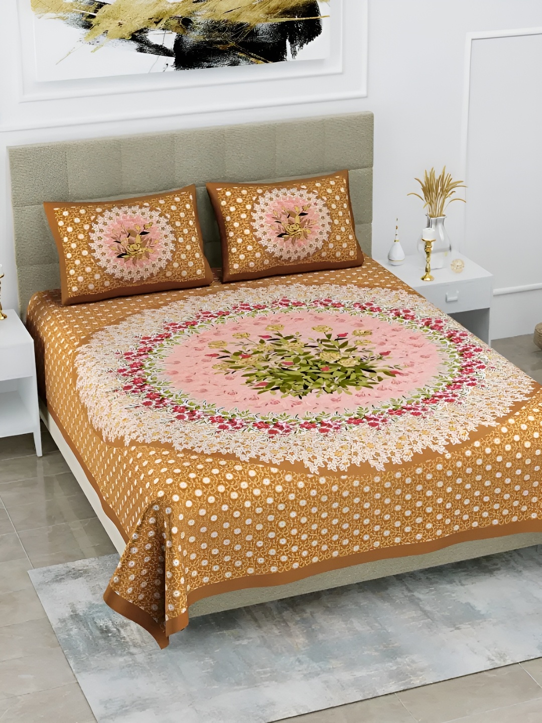 

LIVING ROOTS Beige & Pink Floral 144 TC Pure Cotton Queen Bedsheet with 2 Pillow Covers