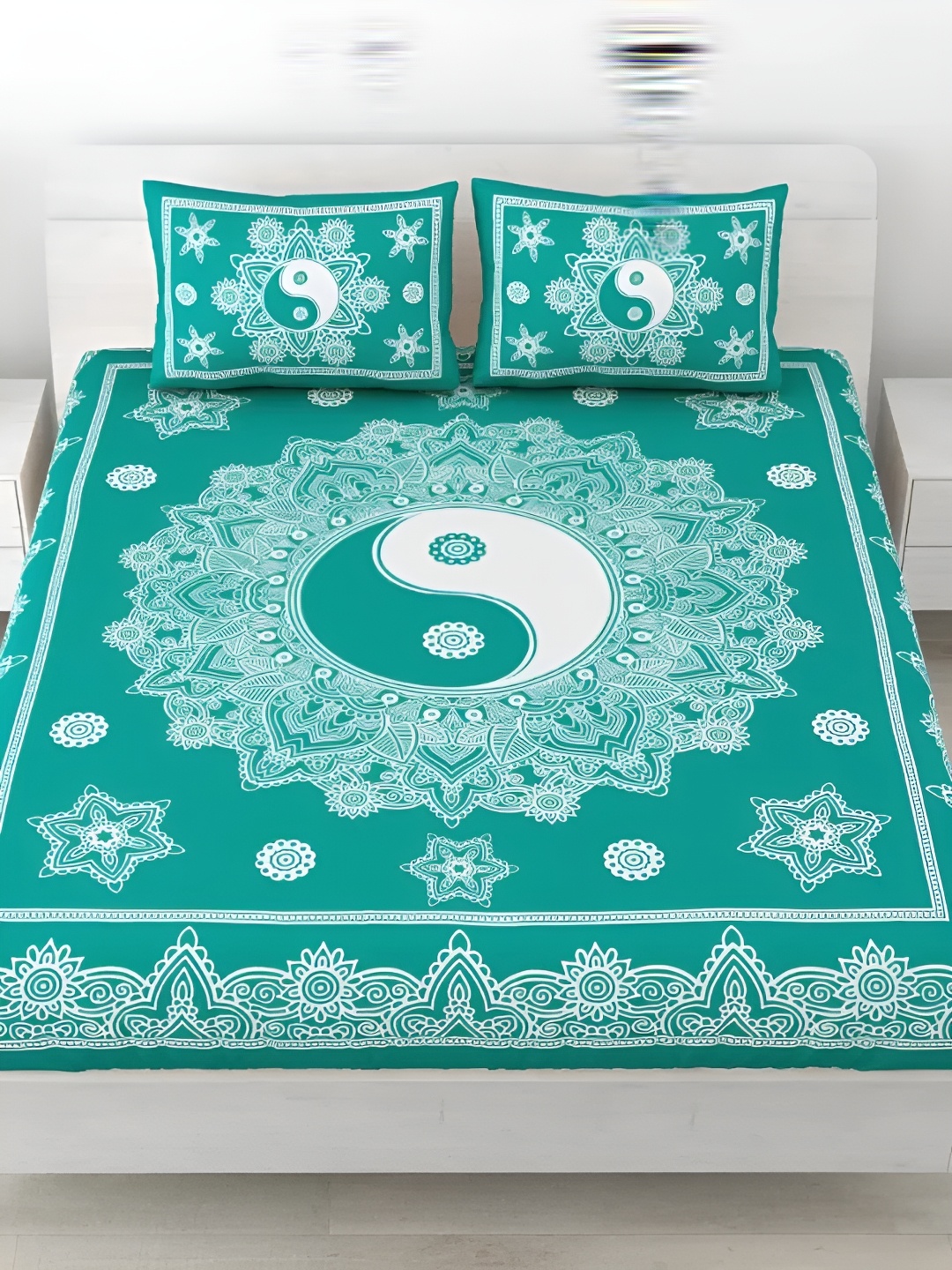 LIVING ROOTS Double Queen Size Jaipur Block Print Cotton Double Bedsheet & 2 Pillow Covers, Green