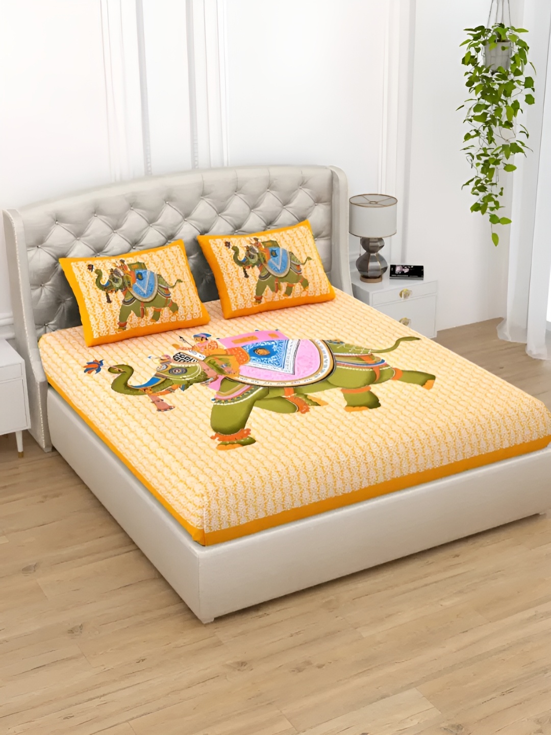 

LIVING ROOTS Double Queen Size Jaipur Block Print Cotton Double Bedsheet & 2 Pillow Covers, Yellow