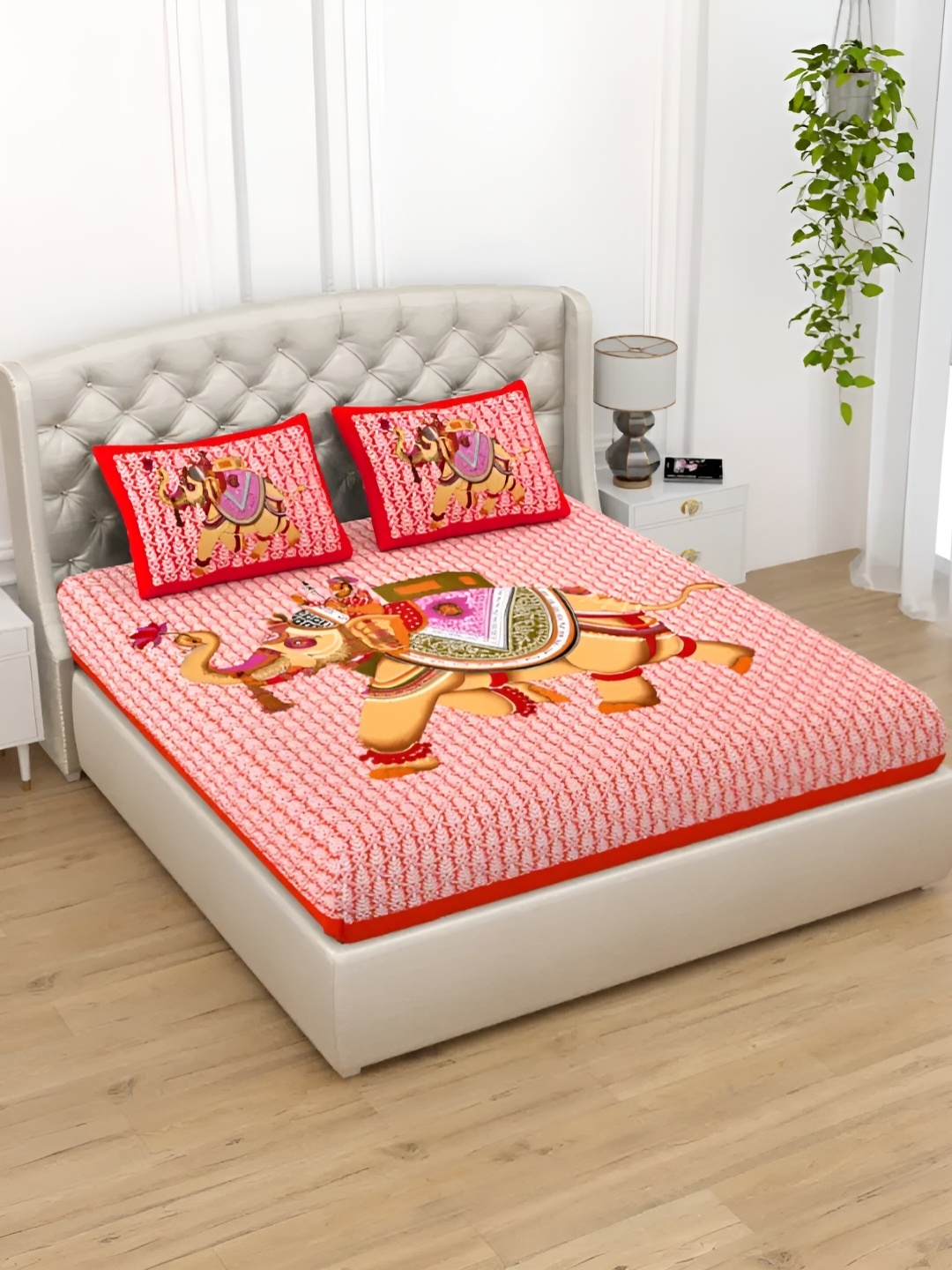 

LIVING ROOTS Double Queen Size Jaipur Block Print Cotton Double Bedsheet & 2 Pillow Covers, Pink