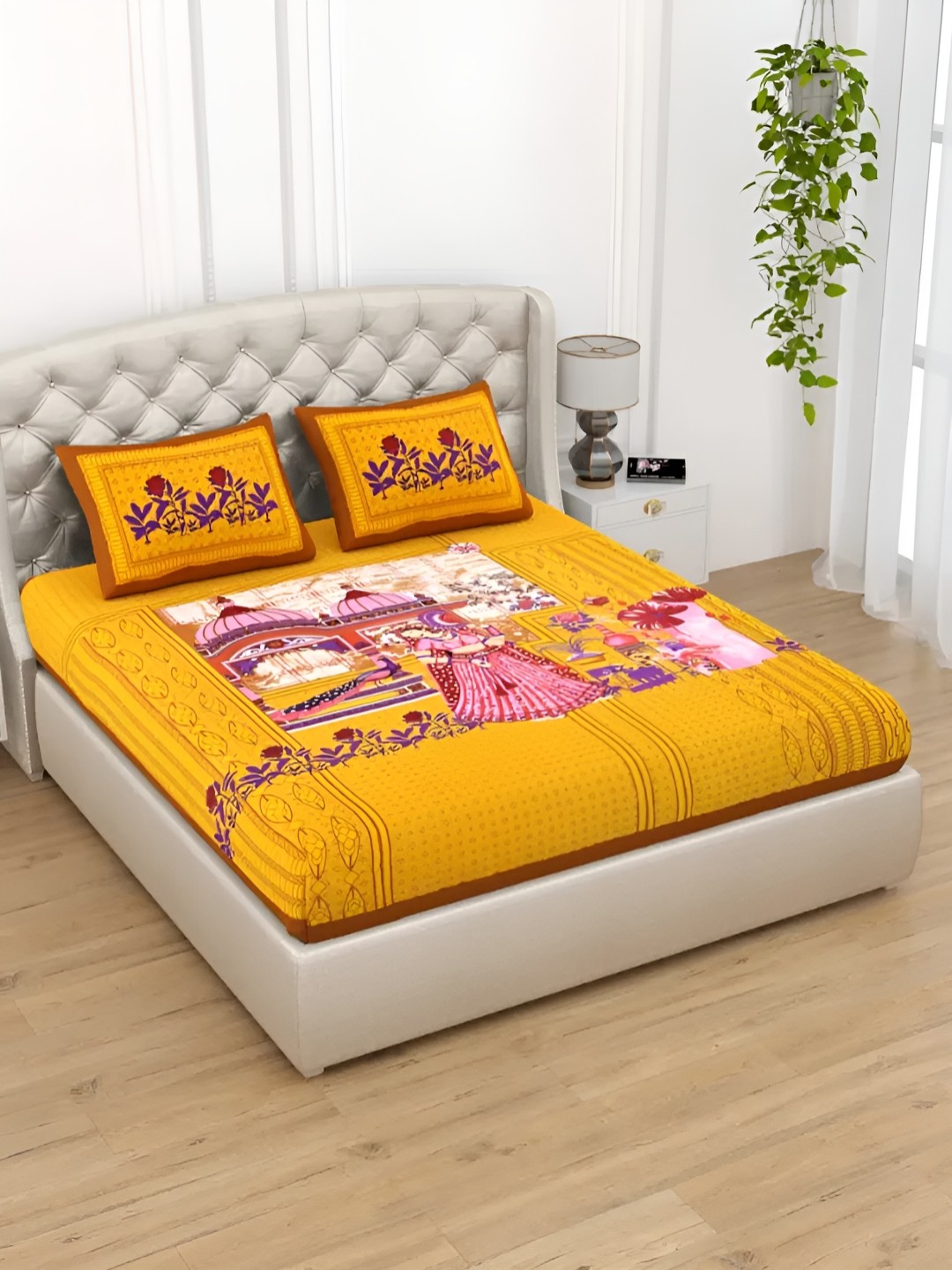 

LIVING ROOTS Double Queen Size Jaipur Block Print Cotton Double Bedsheet & 2 Pillow Covers, Yellow
