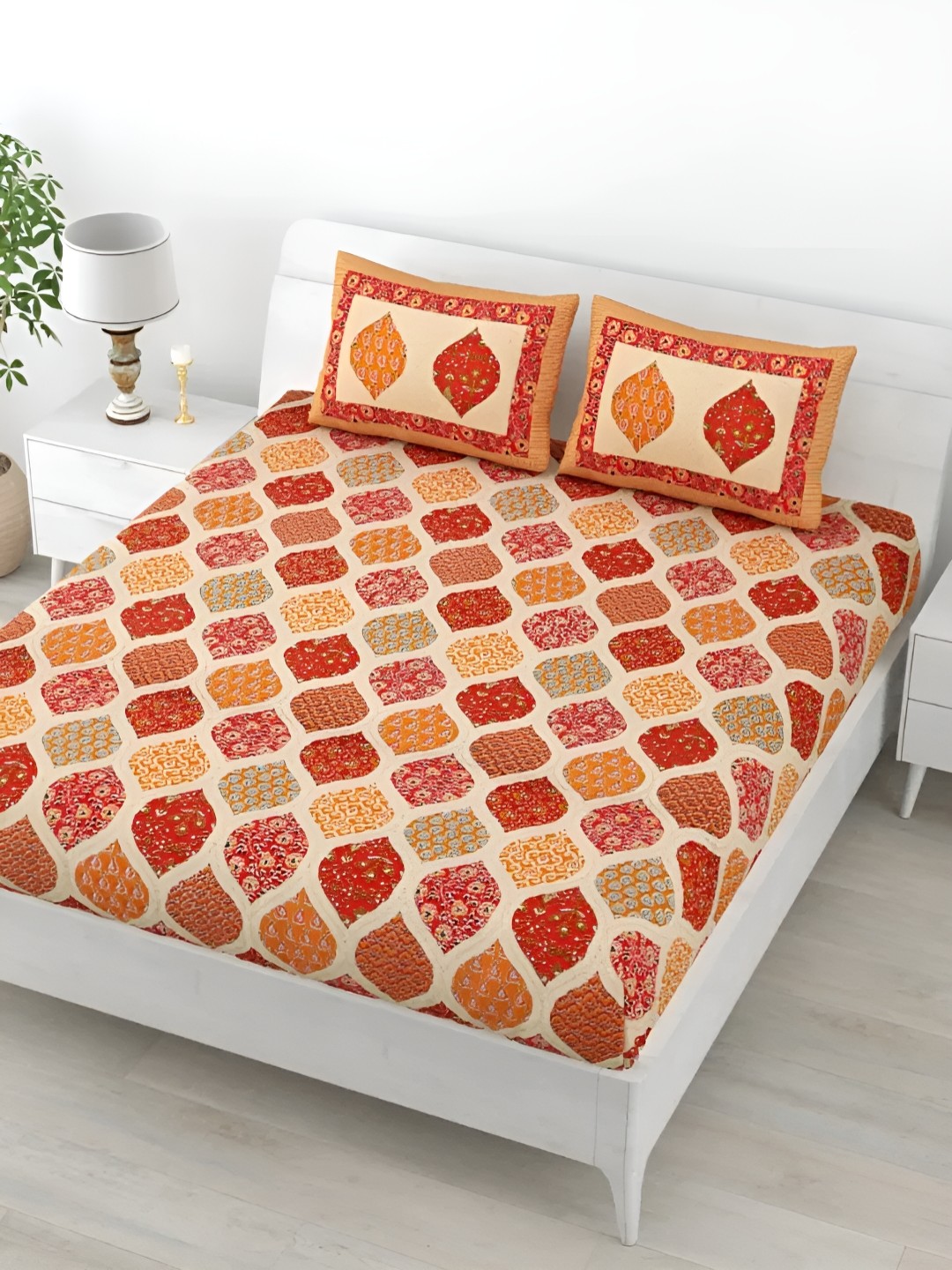 

LIVING ROOTS Double Queen Size Jaipur Block Print Cotton Double Bedsheet & 2 Pillow Covers, Orange