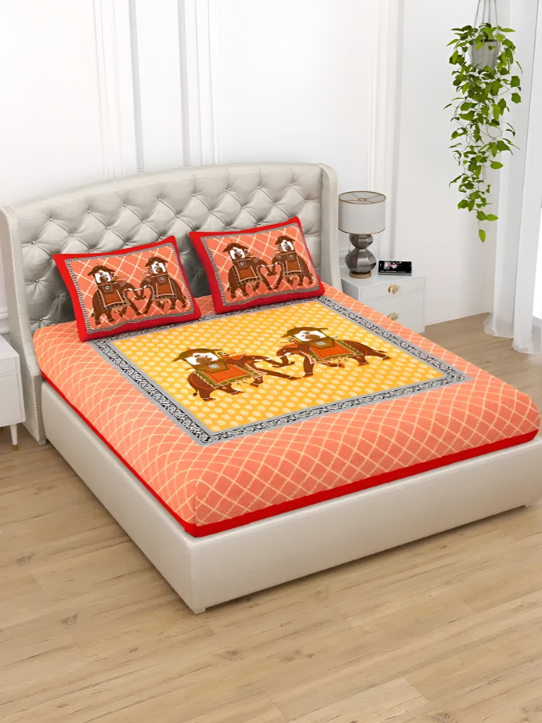 

LIVING ROOTS Double Queen Size Jaipur Block Print Cotton Double Bedsheet & 2 Pillow Covers, Peach