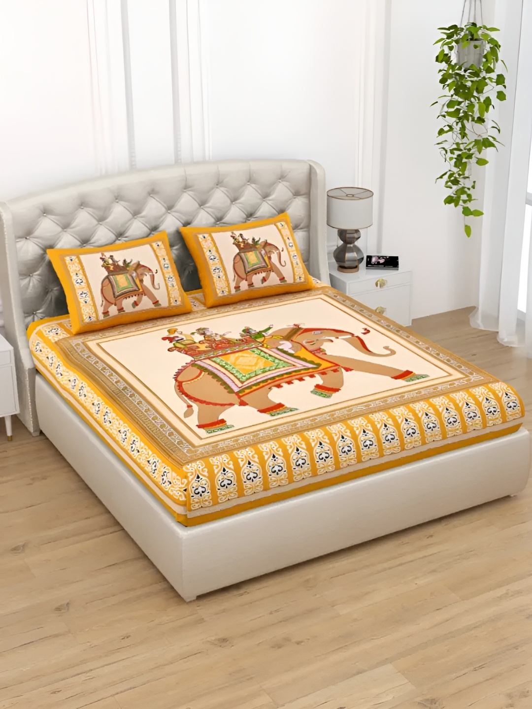 

LIVING ROOTS Double Queen Size Jaipur Block Print Cotton Double Bedsheet & 2 Pillow Covers, Yellow