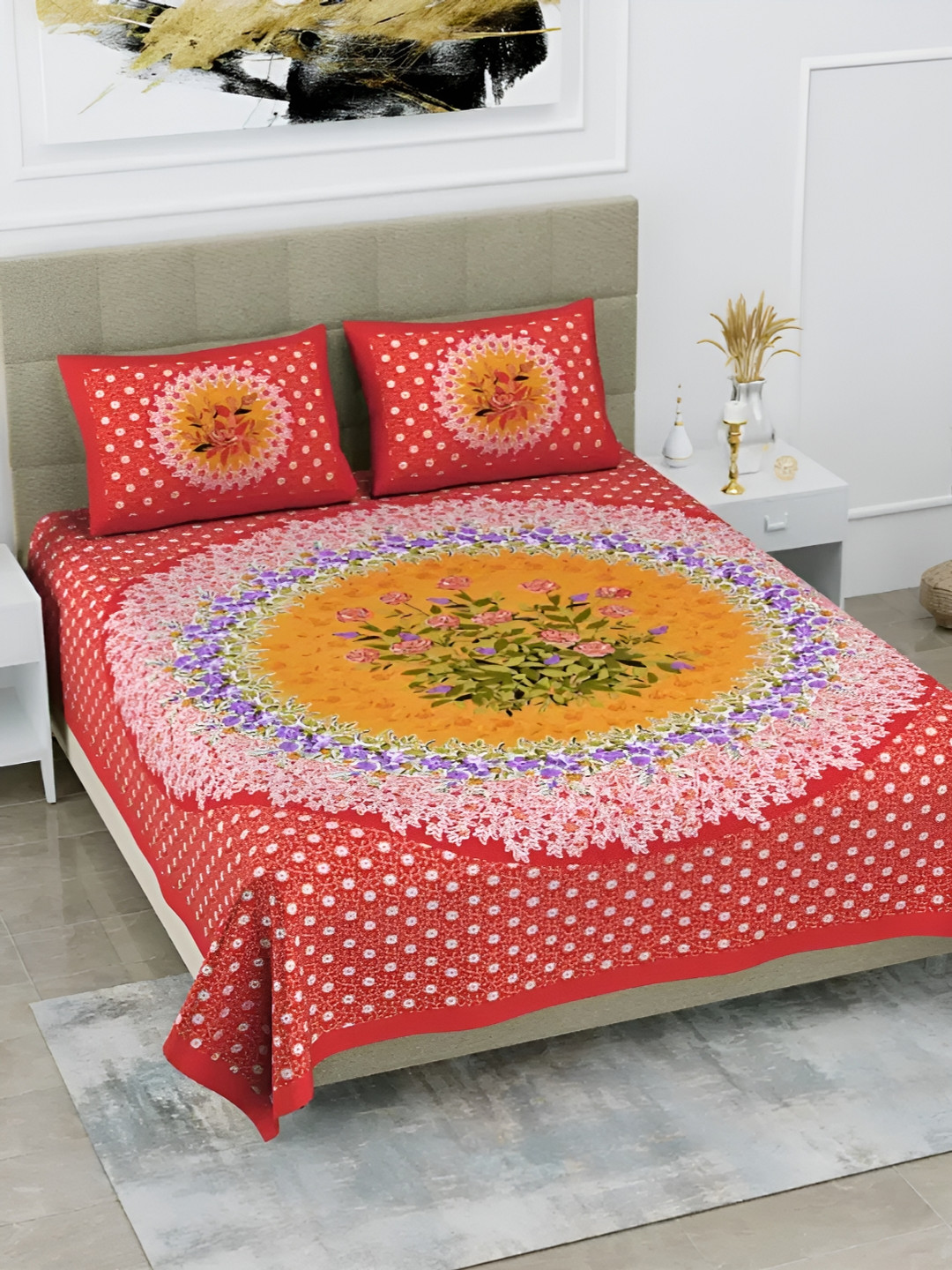 

LIVING ROOTS Red & Yellow Floral 144 TC Pure Cotton Queen Bedsheet with 2 Pillow Covers