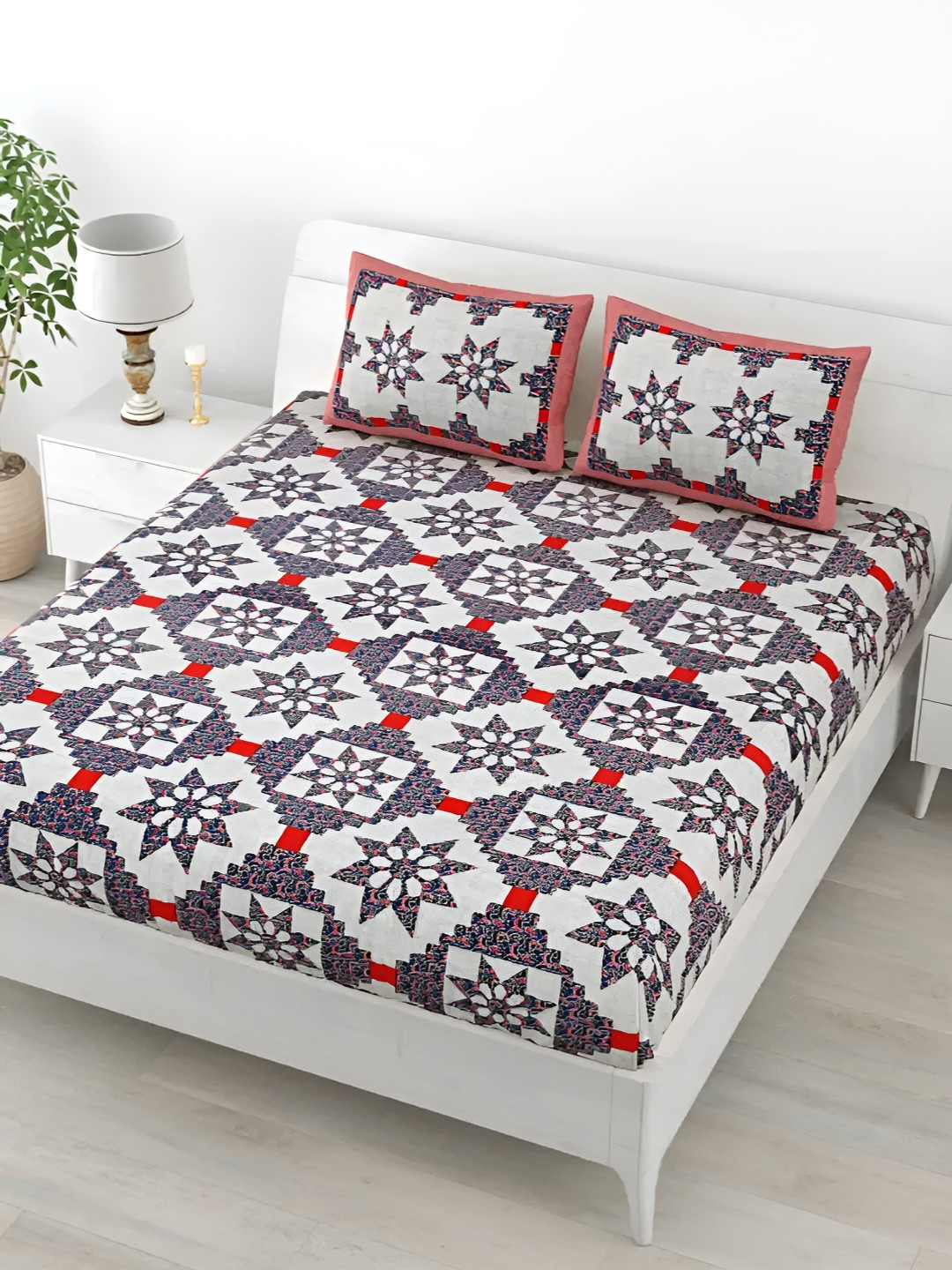 

LIVING ROOTS Double Queen Size Jaipur Block Print Cotton Double Bedsheet & 2 Pillow Covers, Blue