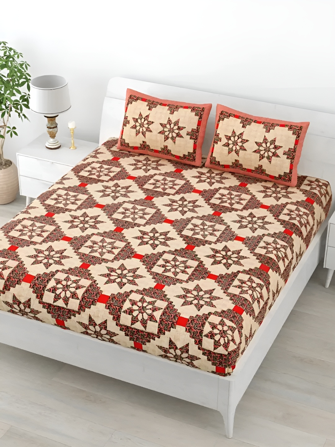 

LIVING ROOTS Double Queen Size Jaipur Block Print Cotton Double Bedsheet & 2 Pillow Covers, Bronze
