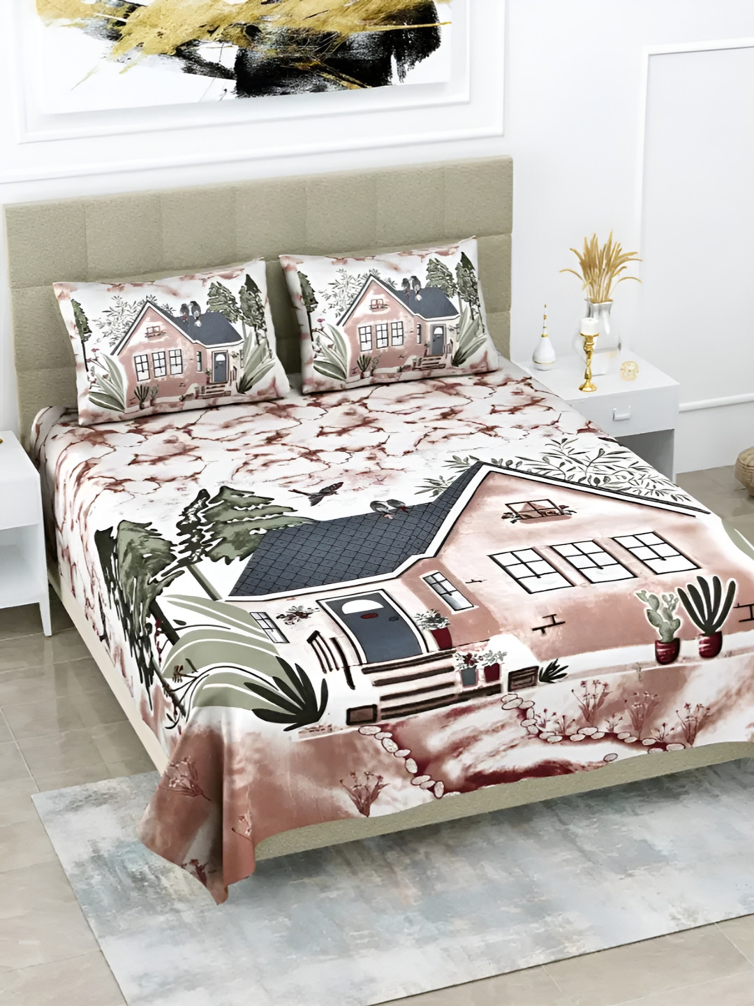 

LIVING ROOTS Double Queen Size Jaipur Block Print Cotton Double Bedsheet & 2 Pillow Covers, Brown