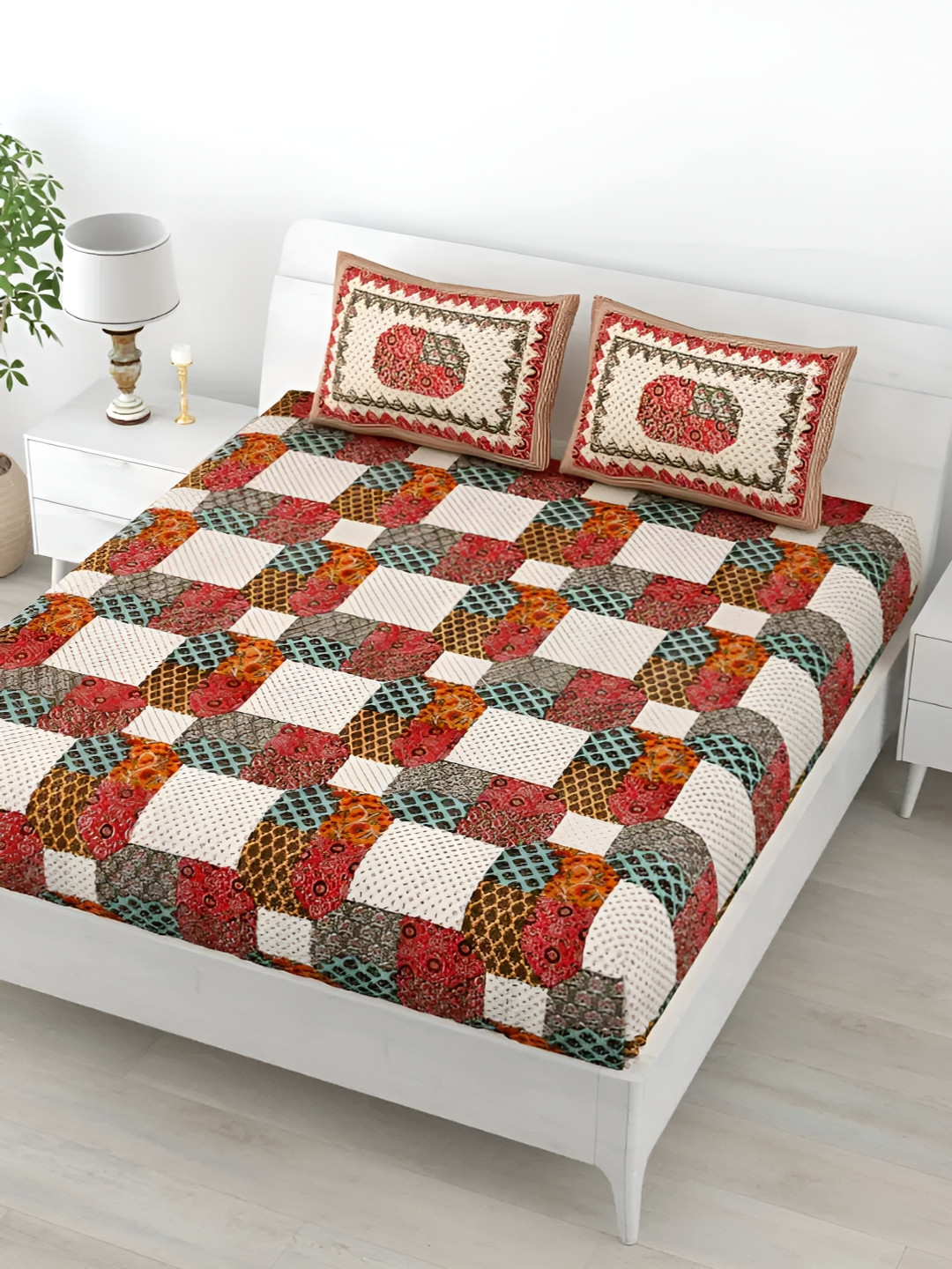 

LIVING ROOTS Double Queen Size Jaipur Block Print Cotton Double Bedsheet & 2 Pillow Covers, Red