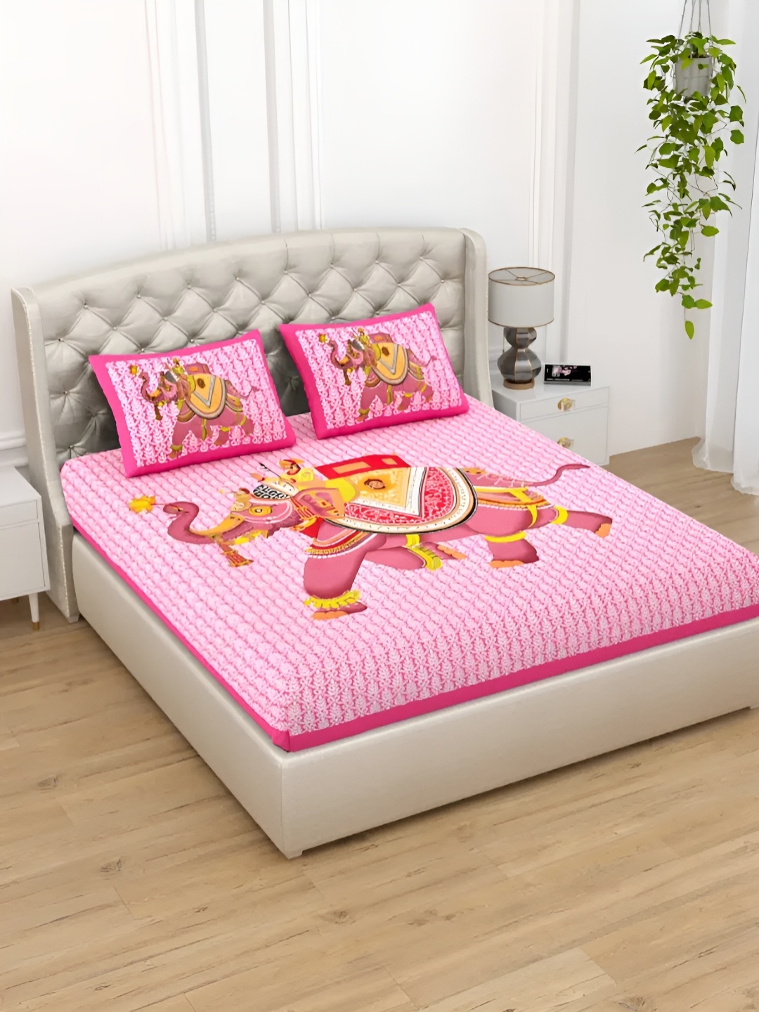 

LIVING ROOTS Double Queen Size Jaipur Block Print Cotton Double Bedsheet & 2 Pillow Covers, Pink