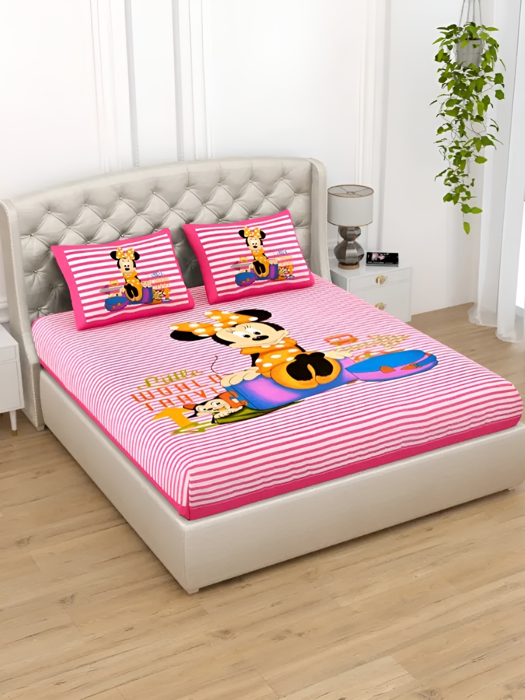 

LIVING ROOTS Double Queen Size Jaipur Block Print Cotton Double Bedsheet & 2 Pillow Covers, Pink