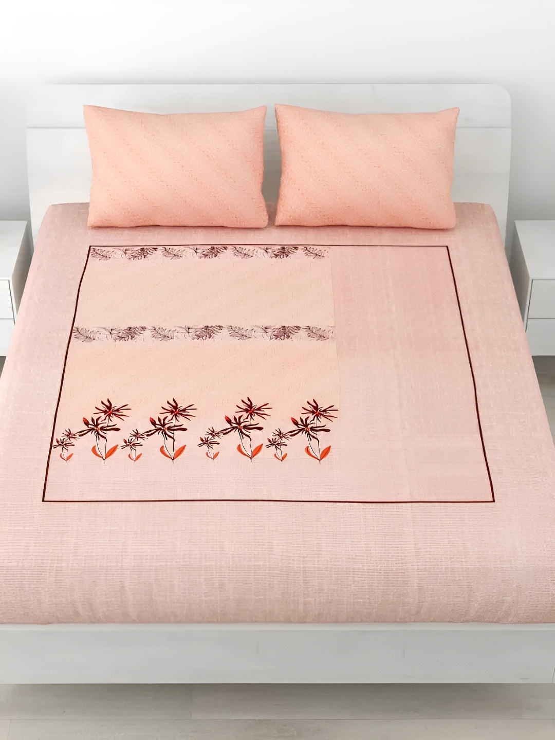 

LIVING ROOTS Double Queen Size Jaipur Block Print Cotton Double Bedsheet & 2 Pillow Covers, Peach