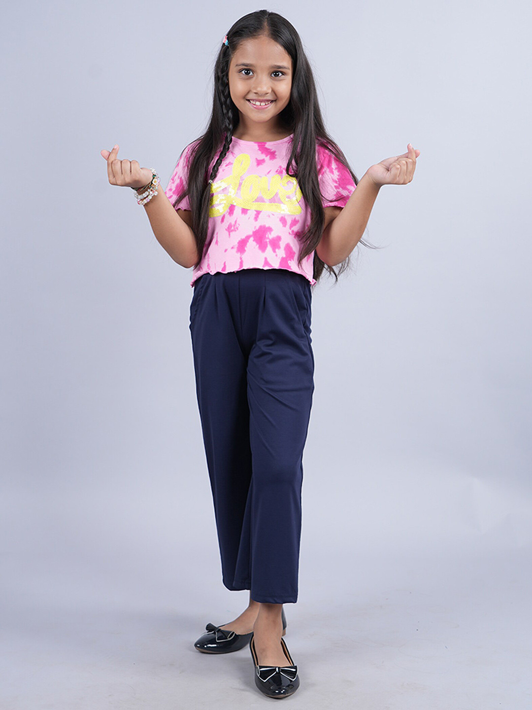 

KiddoPanti Girls Printed Round Neck Sleeves Pure Cotton Clothing Set, Pink