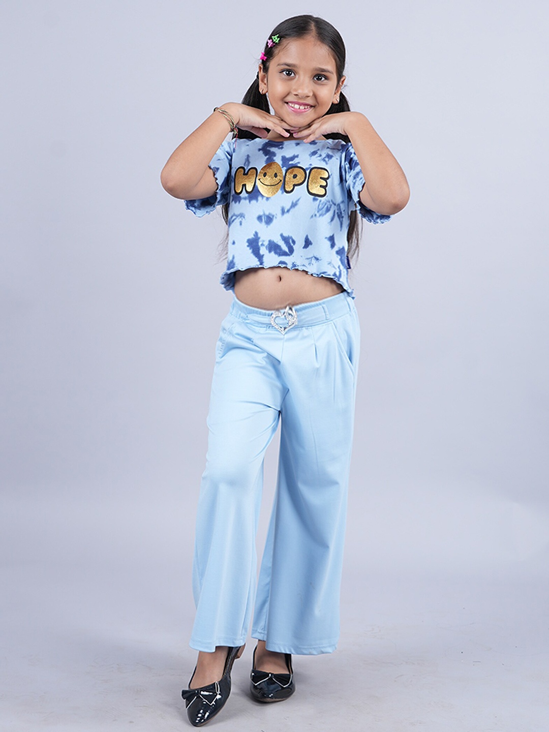 

KiddoPanti Girls Printed Round Neck Short Sleeves Pure Cotton Clothing Set, Blue