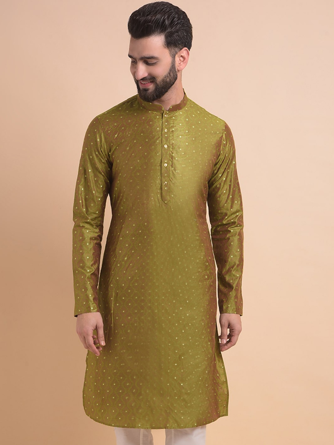 

Anouk Ethnic Motifs Woven Design Mandarin Collar Jacquard Straight Kurta, Olive