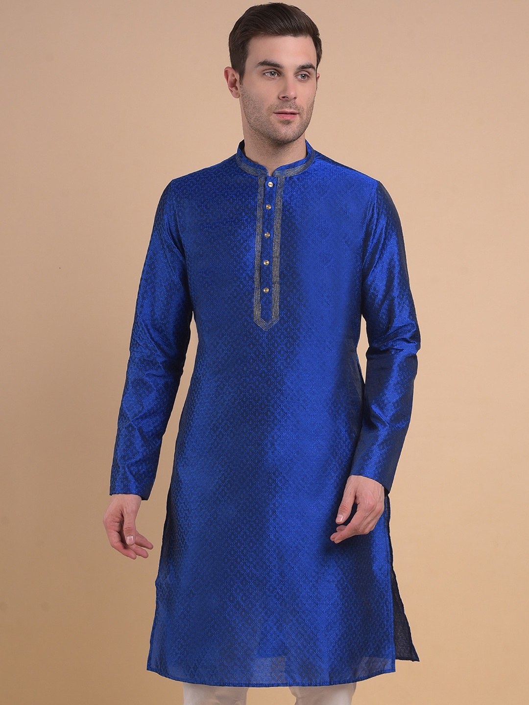 

Anouk Ethnic Motifs Woven Design Mandarin Collar Jacquard Straight Kurta, Blue