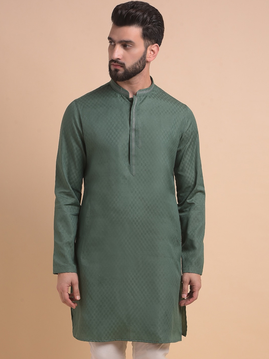 

Anouk Mandarin Collar Long Sleeves Jacquard Kurta, Green