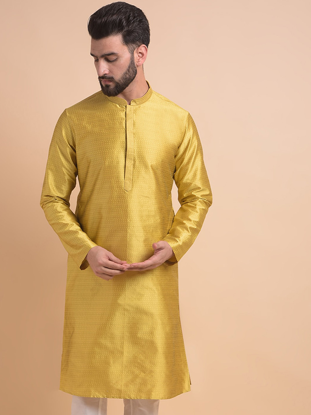 

Anouk Geometric Woven Design Mandarin Collar Jacquard Straight Kurta, Yellow