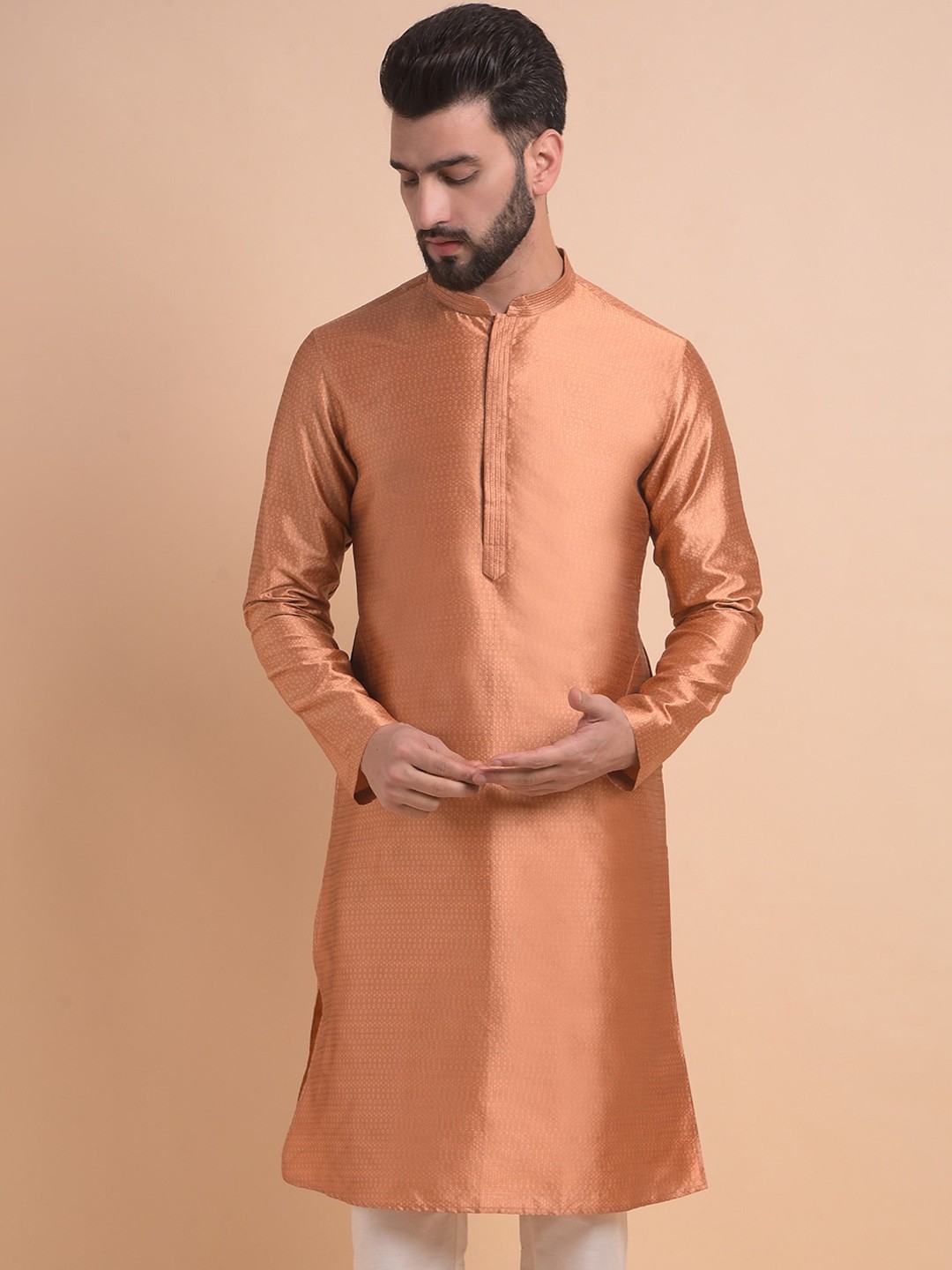 

Anouk Mandarin Collar Long Sleeves Jacquard Kurta, Copper
